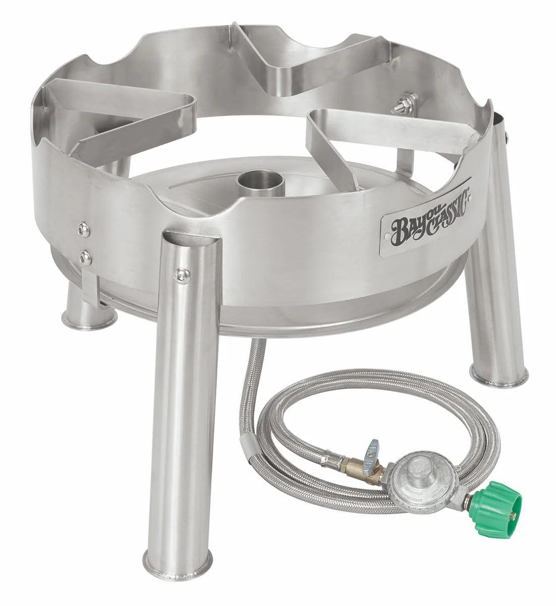 Bayou Classic Bayou Classic SS1 16-in Stainless Single Jet Cooker Features 12.5-in Tall Welded Frame 10-psi Pre-Set Regulator w/ 60-in Stainless Braided Hose