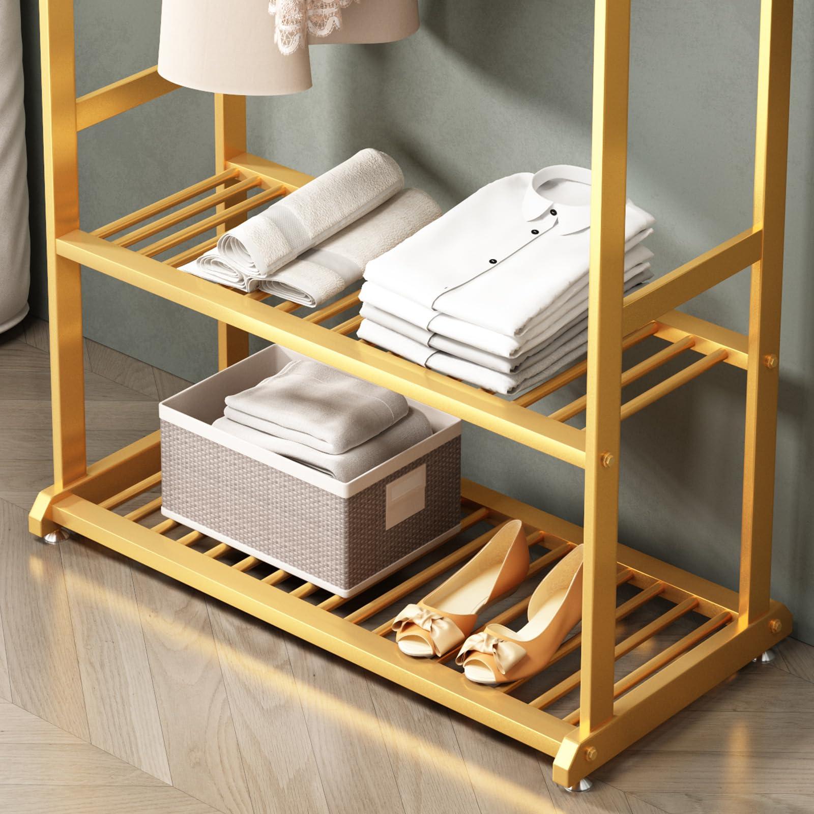 BUZUEY BUZUEY Gold clothing rack,Heavy duty clothes rack with bottom shelves,Small garment rack for hanging clothes,Wardrobe rack,hanging racks for clothes(L:23.6in)