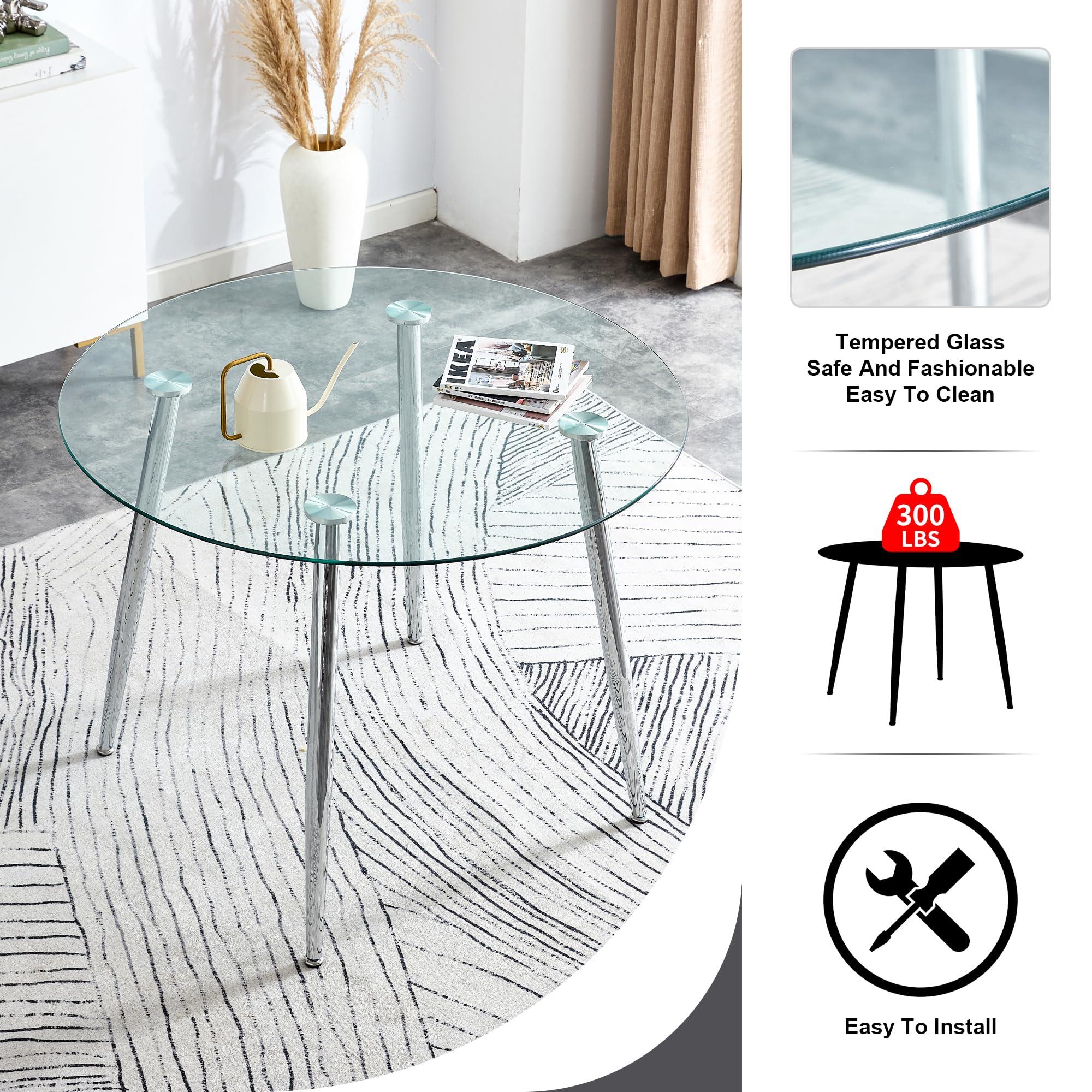 WEKEOT WEKEOT 40'' Modern Glass Dining Table Set for 4 Round Kitchen Table and Chairs Set Thick Glass Round Dining Room Table Set with Upholstered Chairs(1Table+4White Chairs)