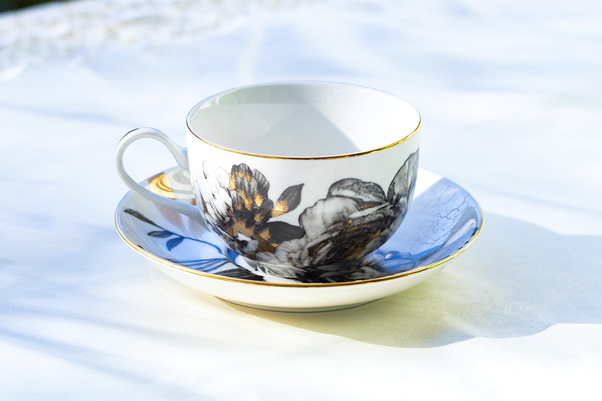 Gracie China Shop Grace Teaware Black Gold Peony Fine Porcelain Tea Cup and Saucer Set