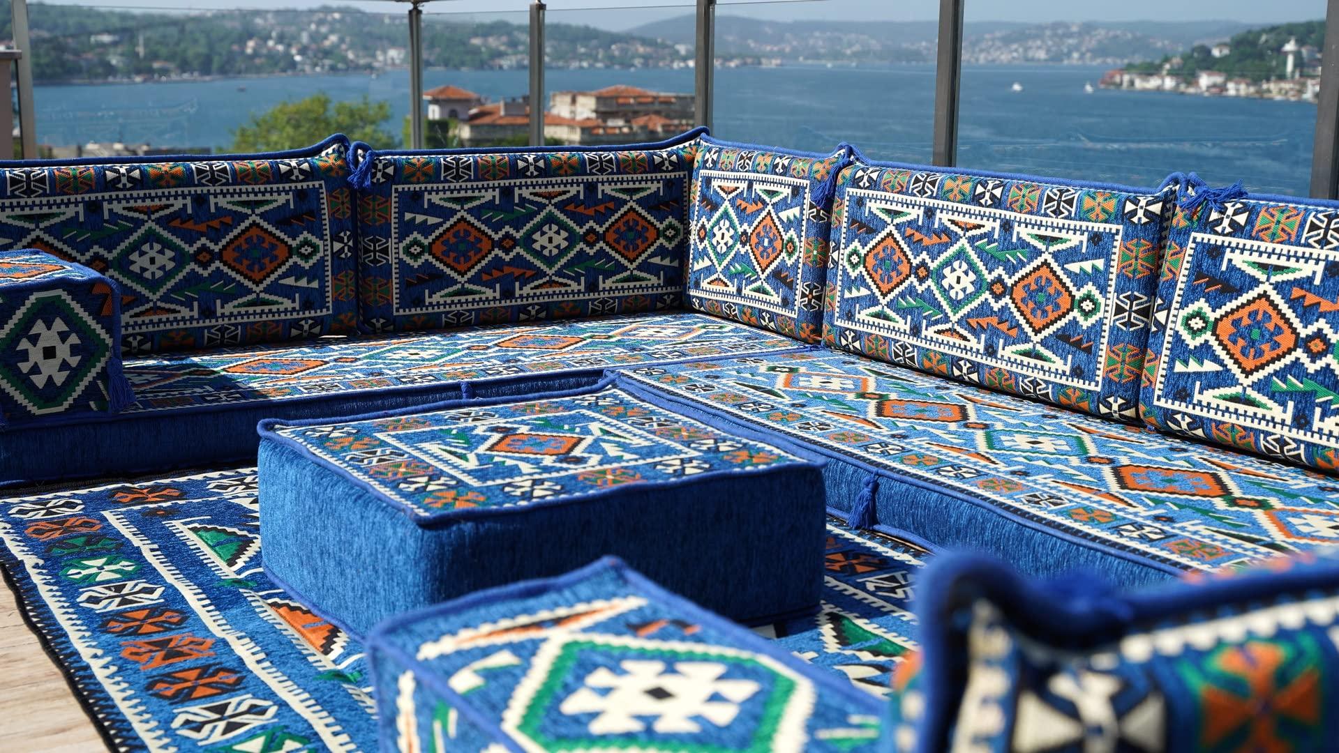 arabicsofa Arabic Sofa, Moroccan Sofa, Modular Cushion, Blue Garden Sofa Set, Bench Pillow Set, Corner Sofa Set, Bohemian Furniture, Floor Cushion Set (U Sofa + Rug + Ottoman)