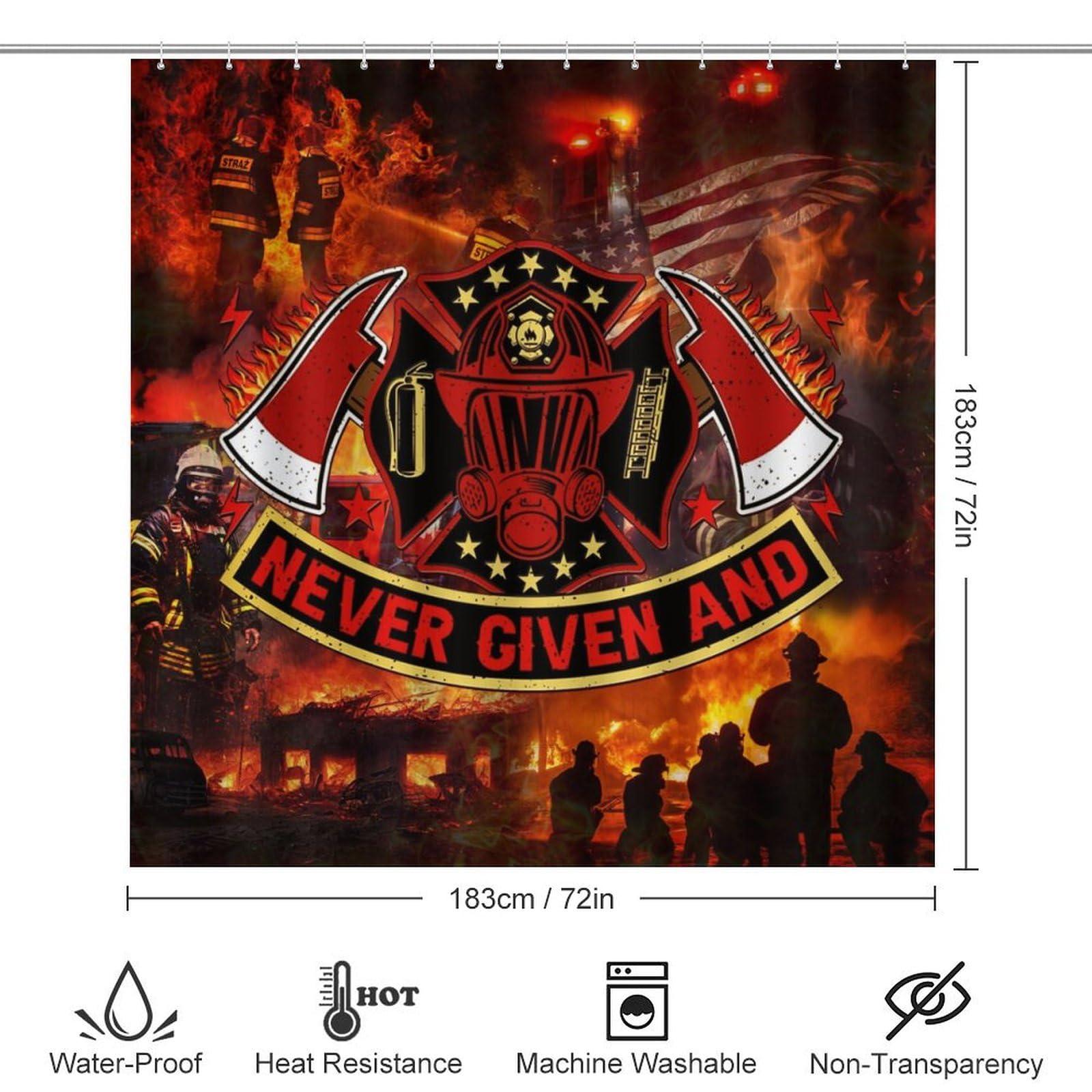 JretailAx Modern Hero Theme Fireman 4 Piece Shower Curtain Sets,Cool Modern Firefighter Burning Flame American Flag Non-Slip Rugs,Toilet Lid Cover and Bath Mat,Durable and Waterproof,for Bathroom Decor Set