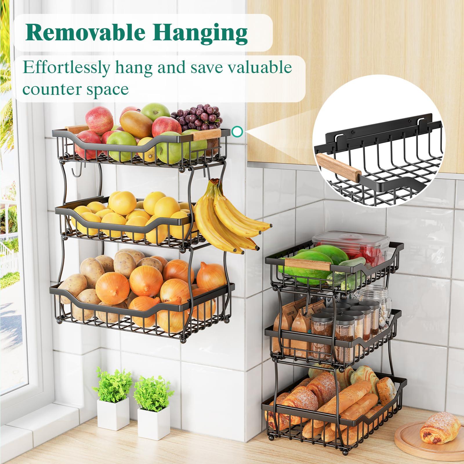 Giwil Giwil 3 Tier Countertop Fruit Basket for Kitchen, Vegetable Storage Basket Bread Fruit Bowl Stand with 2 Banana Hooks, Wall Mounted Metal Wire Basket Organizer for Potato Onion, Black