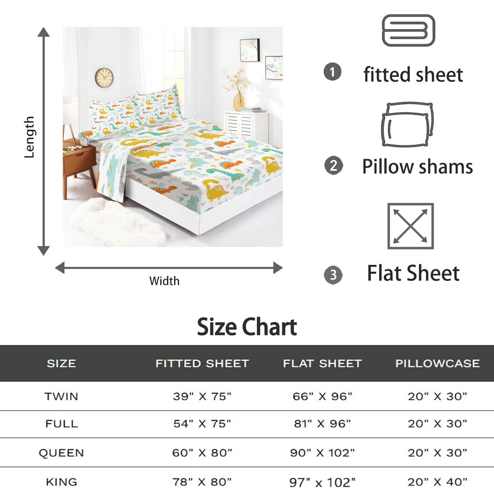Generic Full Size 4 Piece Sheet Set Jungle Animals Cartoon Dinosaur Bed Sheets Set Deep Pockets, Comfy Breathable & Cooling Microfiber Fitted Sheets, Easy-Fit, Extra Soft & Wrinkle Free Sheets