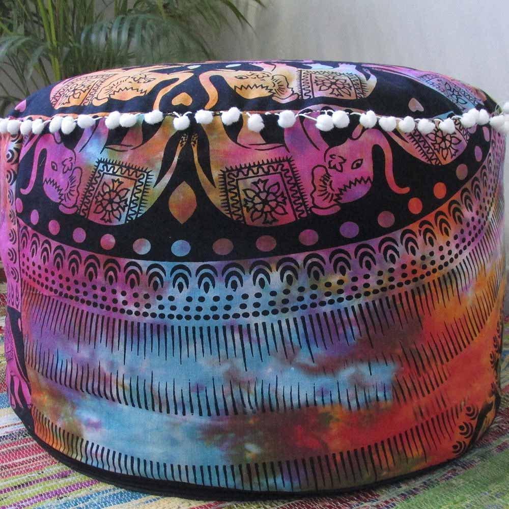 Sophia-Art Indian Mandala Tapestry Decorative Floor Designs Cover Ottoman Pouf Cotton Comfortable Indian Cover Cushion Pouf Pillow Indian Indian Ombre Traditional Ethnic Pouf 14 x 24\'\' (Multi Elephant)