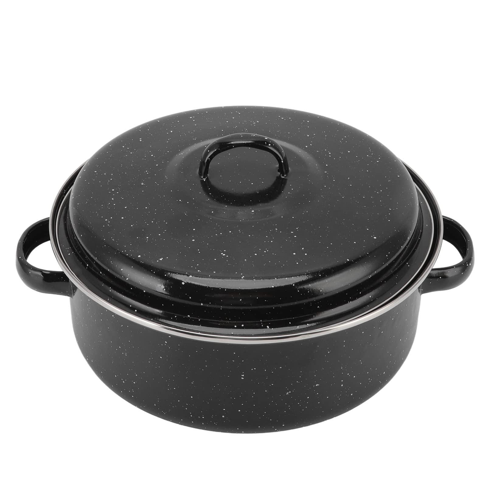 lvifloae Roasting Pan with Lid Round Roaster Speckled Black Enamel on Steel Circular Spot Finish Non Stick Pot 28cm For Household Kitchen 2.5 lb. CapacityThe bottom has exhaust holes