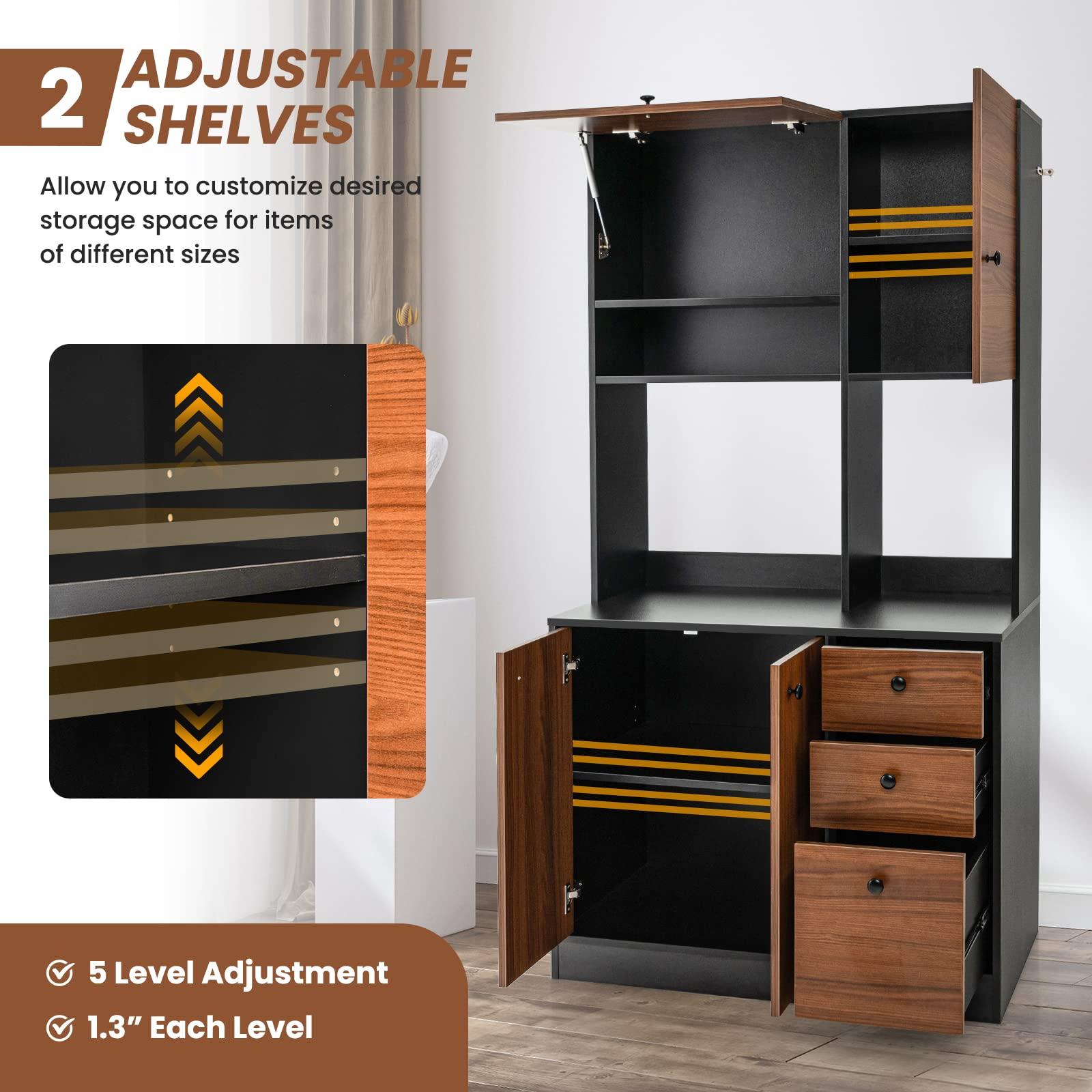 LOKO LOKO 71 Tall Kitchen Pantry Storage Cabinet, Freestanding Buffet Hutch with Doors, Adjustable Shelves, 3 Drawers and Microwave Stand, Kitchen Hutch for Dining Room, Living Room (Walnut)