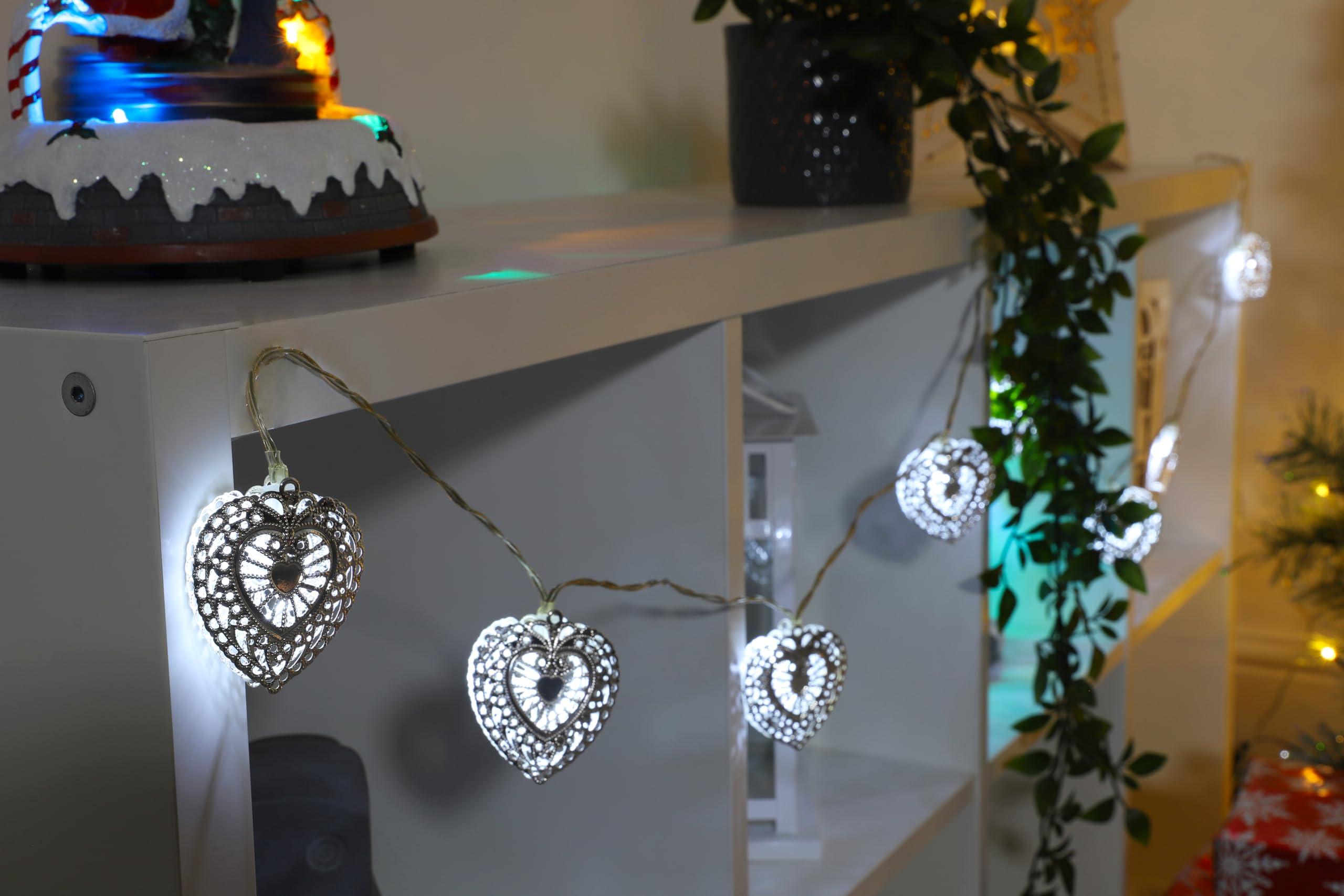 Christmas Concepts 1.5m (5ft) 10 Warm White LED Metal Filigree Heart Shaped Fairy Lights - Christmas Lights - Everyday Lights - Bedroom Lights (Filigree Silver)