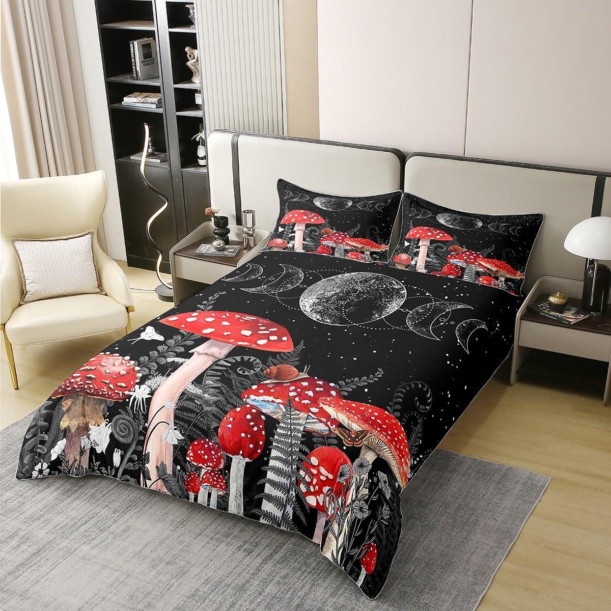 Castle Fairy King Size 3 Pcs Red Mushroom Duvet Cover 100% Cotton Sun Moon Exotic Starry Galaxy Bedding Set for Kids Teens Adults Wild Botanical Burgundy Plants Comforter Cover with 2 Pillowcases(No Comforter)