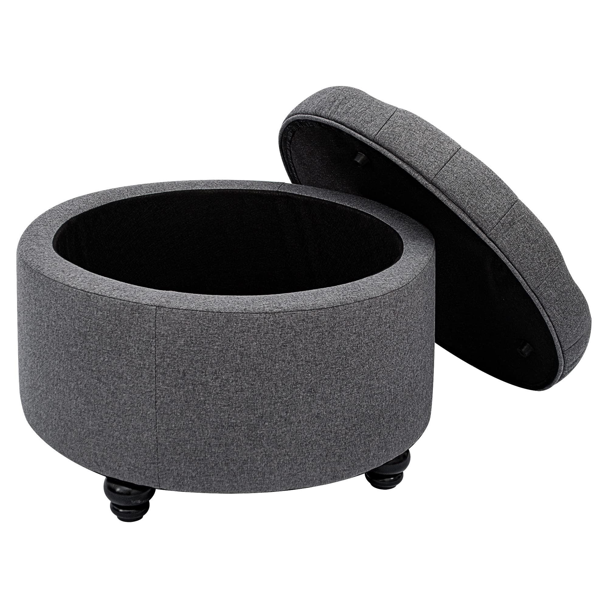 CangLong CangLong Large Button Tufted Fabric Round Storage Ottoman with Storage for Living Room & Bedroom,Dark Grey
