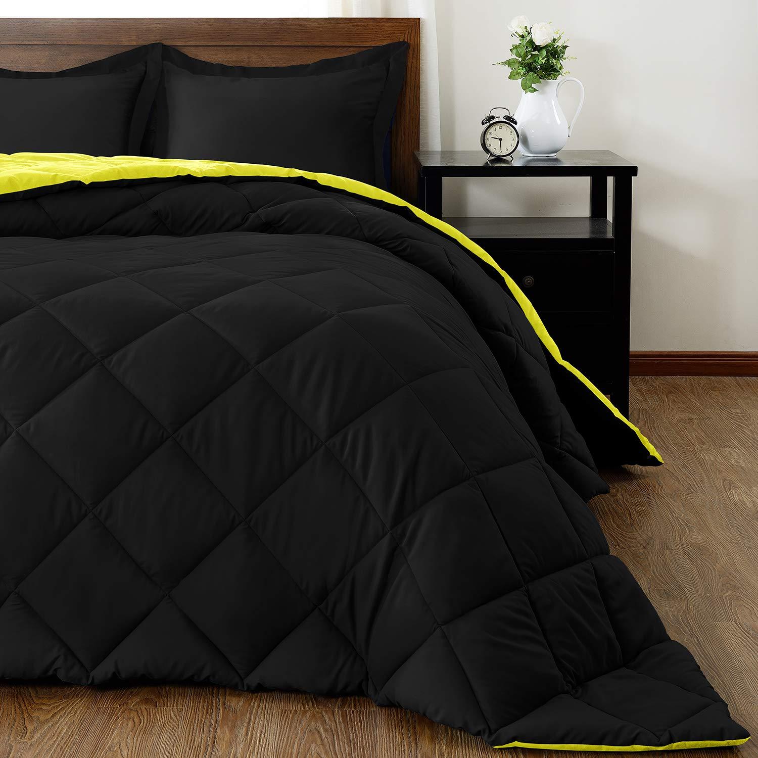 ComfyRight Reversible Comforter Down Alternative 3 Pcs Comforter Set (Lemon/Black, California King ( 94\'\' x 106\'\' ) 3 Pcs) 1 Comforter with 2 Pillowcase 1000 Tc Soft Cotton