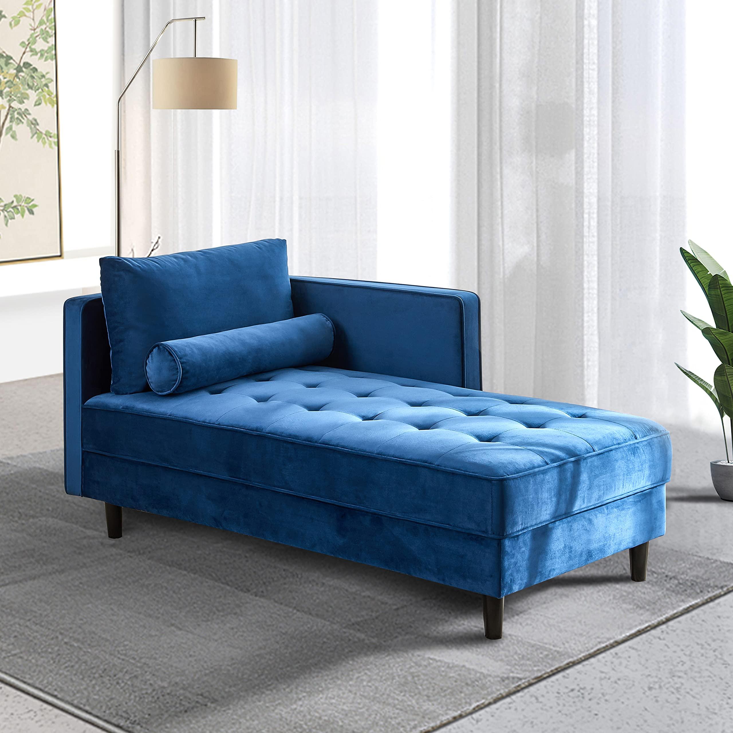 BAMOOLI BAMOOLI 64\'\' Velvet Chaise Lounge Indoor, Modern Longue Chair Upholstered Chaise Longue with Support Pillow, Button Tufted Seat Cushion, Sleeper Sofa Recliner for Bedroom, Living Room, Apartment, Blue