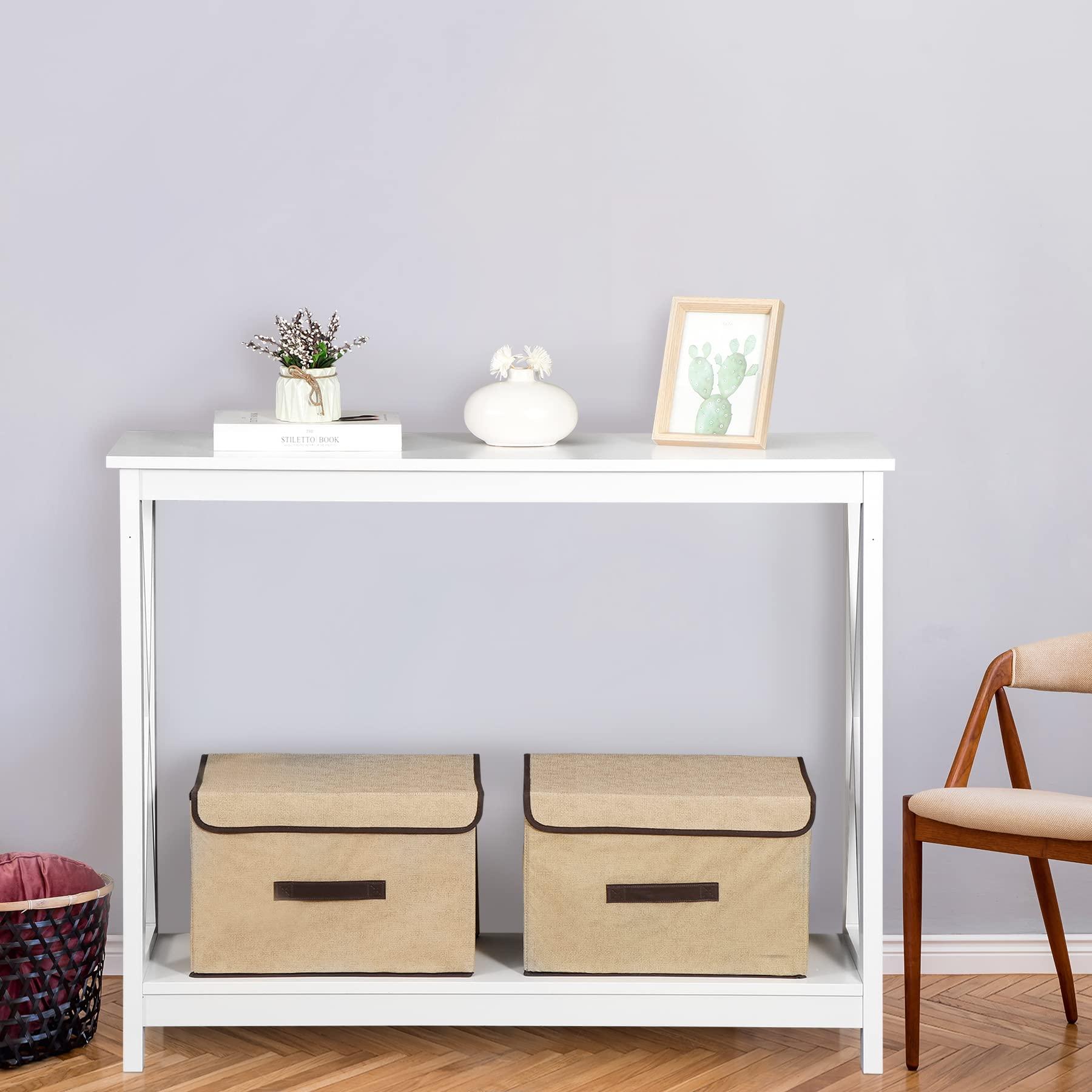 SUPER DEAL SUPER DEAL 2-Tier Narrow Console Sofa Side Table for Entryway/Hallway/Living Room, 39.3in L x 11.8in W x 31.6in H, White