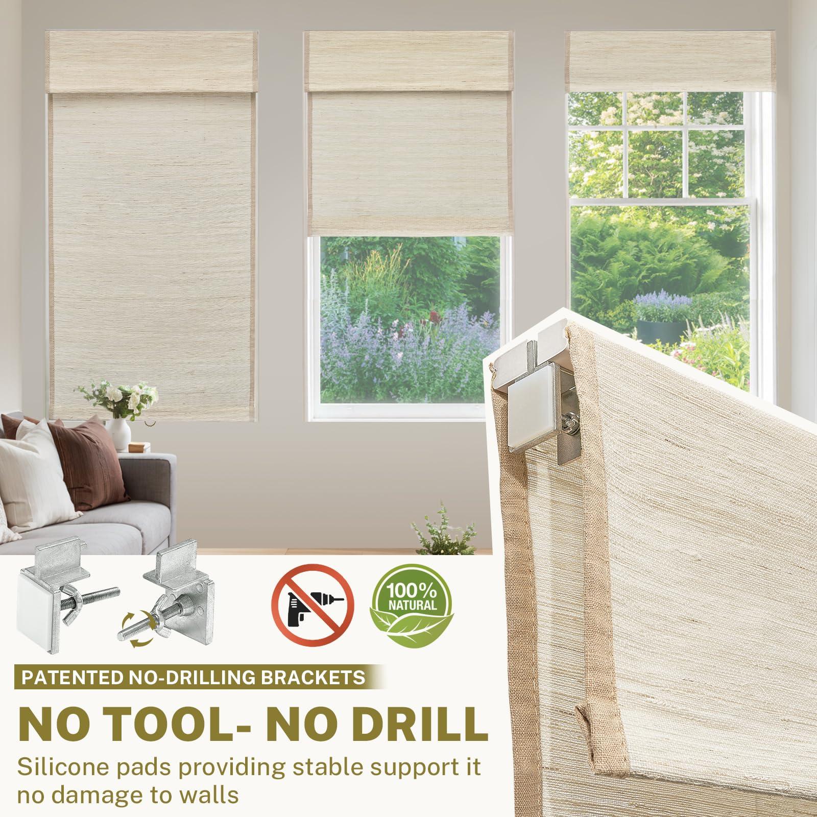 moonice Moonice No Tools No Drill Cordless Roman Shades for Window Blackout, Natural Woven Fabric Privacy Room Darkening Blinds, Thermal Insulated Easy Install Roman Blind Window Blinds Treatment, Beige