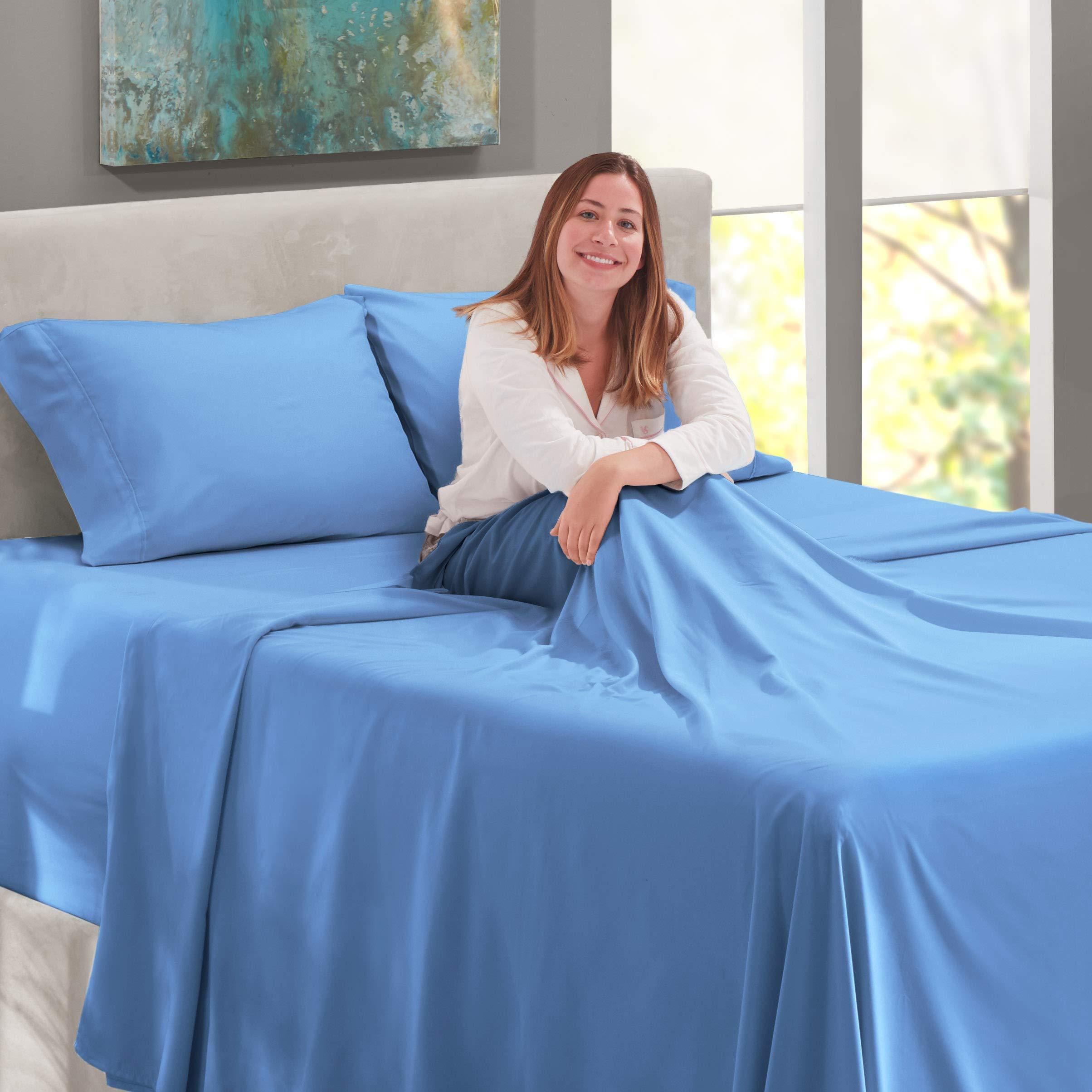 Theadology 5 PC Spilt Cal-King Bed Sheet Set-100% Cotton Yarns 800 Thread Counts-Split Cal-King | Calm Blue Soft Collection of Split Sheet Set for Adjustable Bed Elastic Around 18\" Deep Pocket