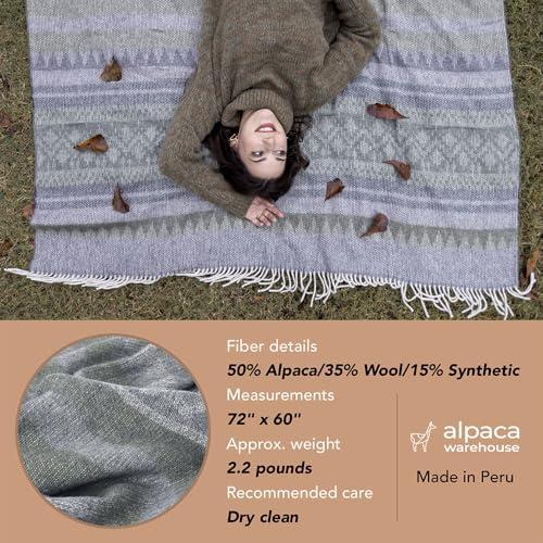 Alpaca Warehouse Alpaca Wool Blanket Throw Cherokee Design for Bed Couch Sofa Soft Warm Peruvian Alpaca Wool Blankets 72\" x 60\" (Combination 24 (Ivory/Gray/Blue))