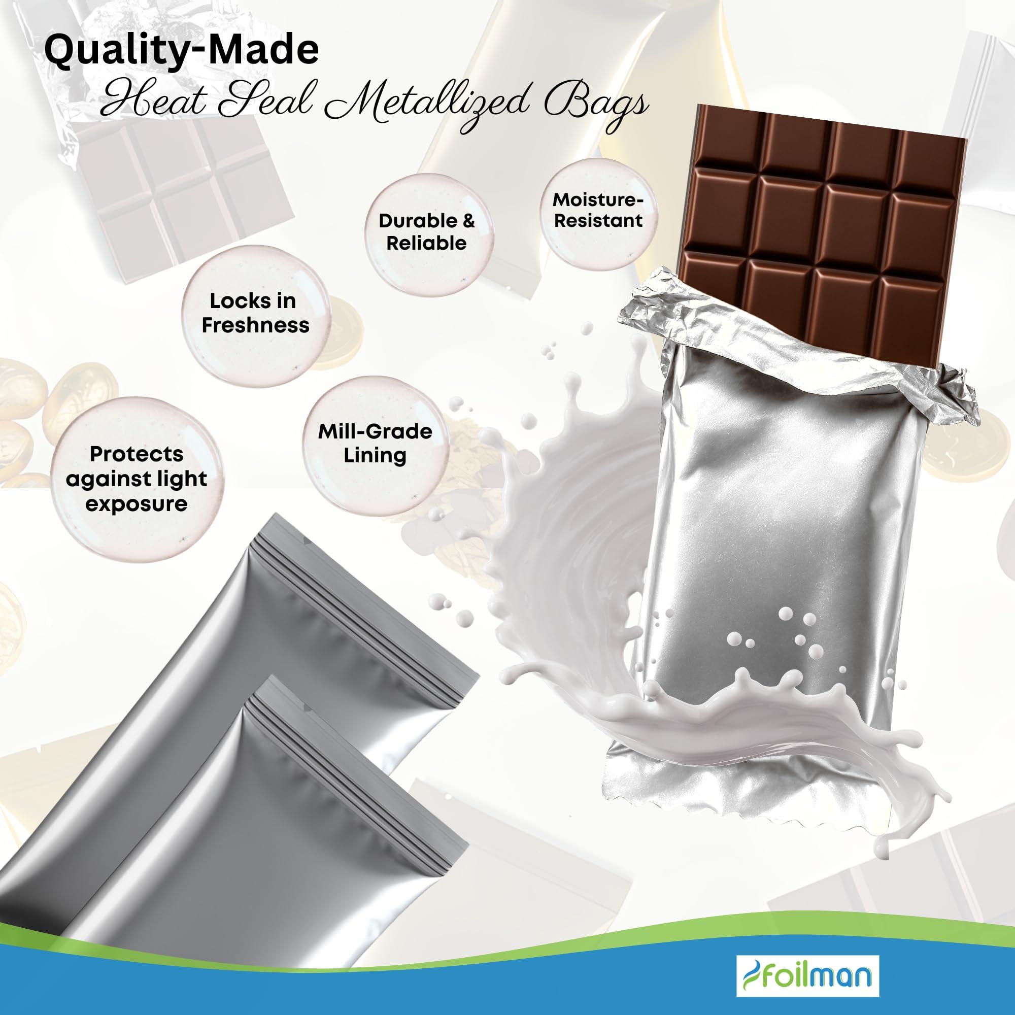 Foilman Foilman - Heat Seal Bags (Metallized) For Chocolate Bar Wrapping With Tear Notches - 100 Pack (3 1/2 x 7 1/2, Silver)