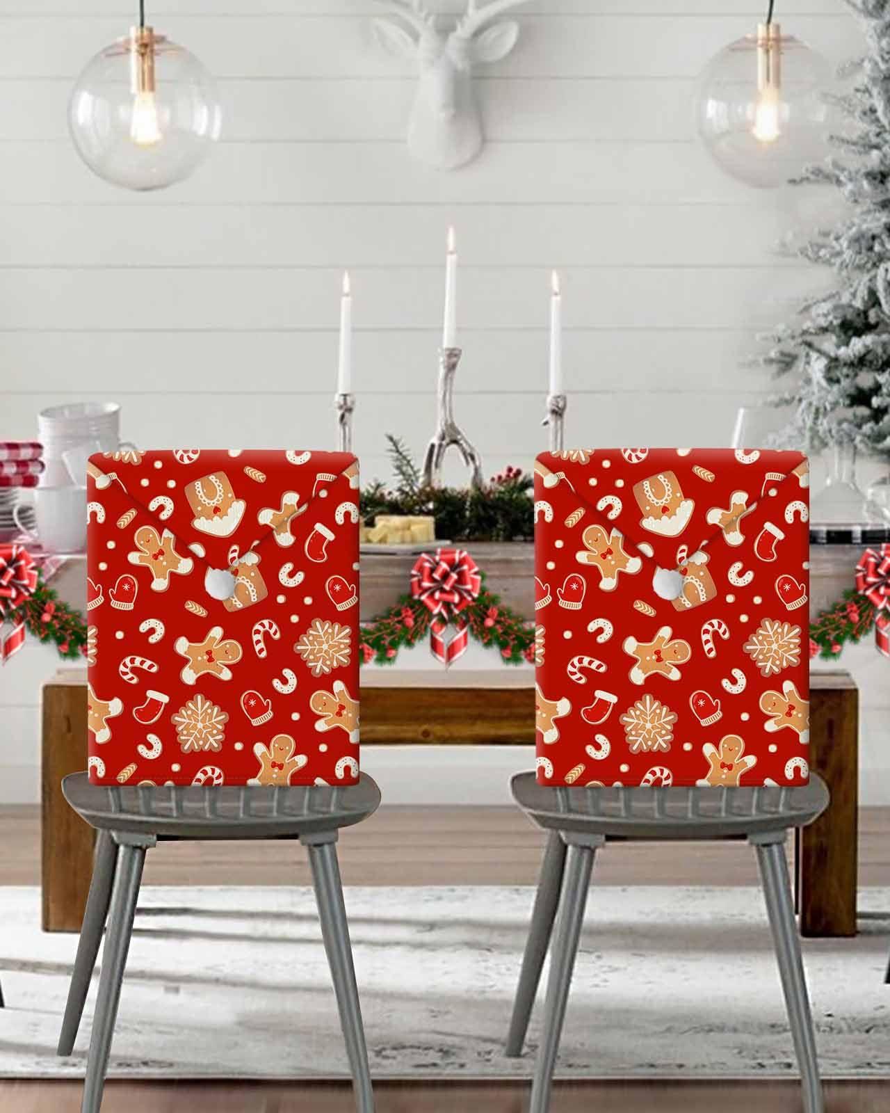LOVE HOME DAY Dining Chair Back Covers Christmas Winter Snowflake Cookie Man 8 Pack Santa Hat Chair Seat Cover Candy Stocking on Red Removable Kitchen Chair Slipcover for Holiday Party Festival Banquet Decor