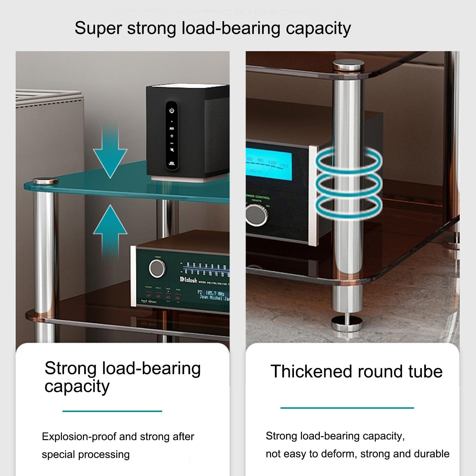 STCERY Stereo Cabinet, AV Cabinet Audio Rack, Tempered Glass Shevles, Modern Audio-Video Media Stand, for TV, Xbox, Gaming Consoles, Media Component, Streaming Device(Brown)