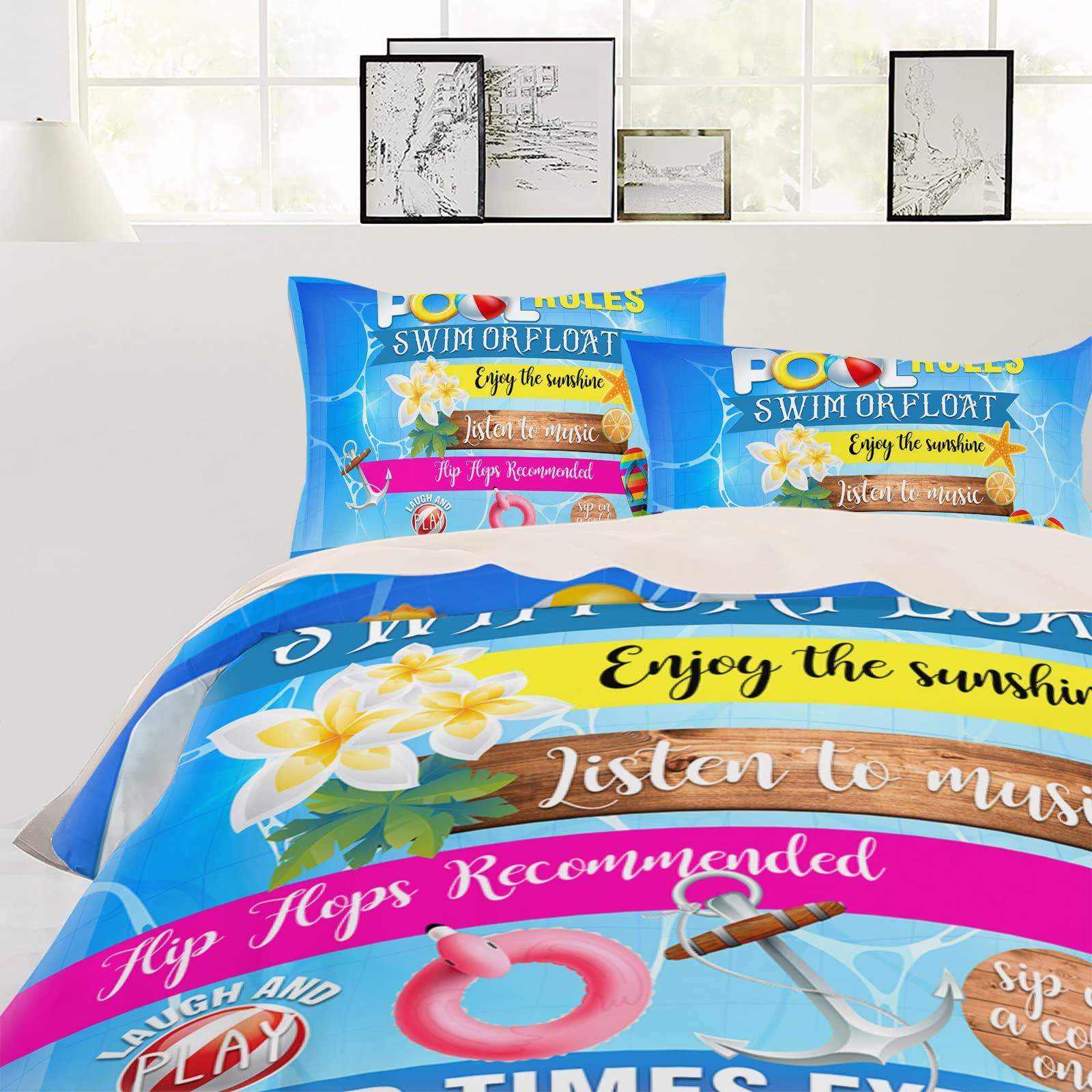 Gehucoxee Gehucoxee 4 Piece Bedding Set California King Summer Pool Rules Comforter Duvet Cover for Child Girls Boys, Good Times Expected Illustraction Bed Sheet for Bedroom Guest Room Hotel Pillowcase