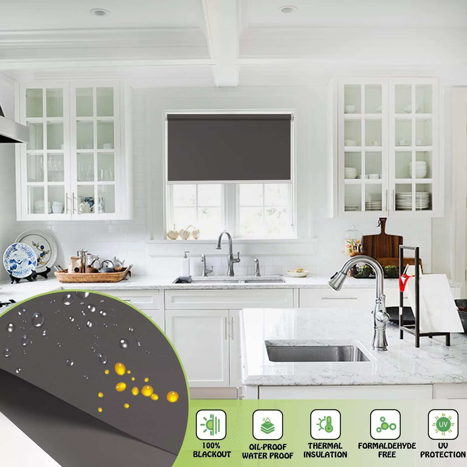 fhsblinds FHSBLINDS No Tool No Drill Blinds for Windows Roller Window Shades-Waterproof Blackout Light Blocking Custom Window Blinds & Shades for Home Kitchen Bedroom Office (Brown 100% Blackout, 75"W x 48"H)