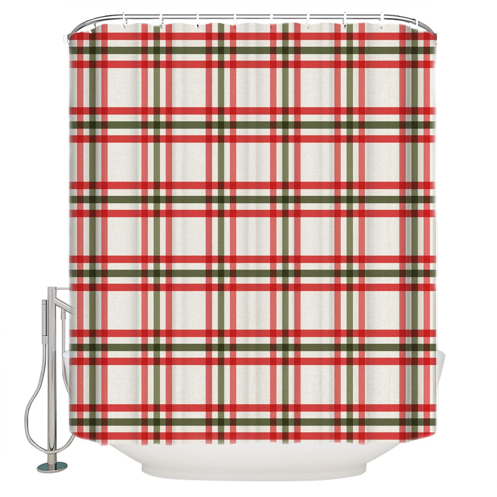 LEOKOTI LEOKOTI Merry Christmas Shower Curtain for Bathroom, Farmhouse Xmas Red Teal Plaid Striped Waterproof Fabric Bathtub Curtains for Bathroom with 12 Plastic Hooks, 48\" W x 72\" L
