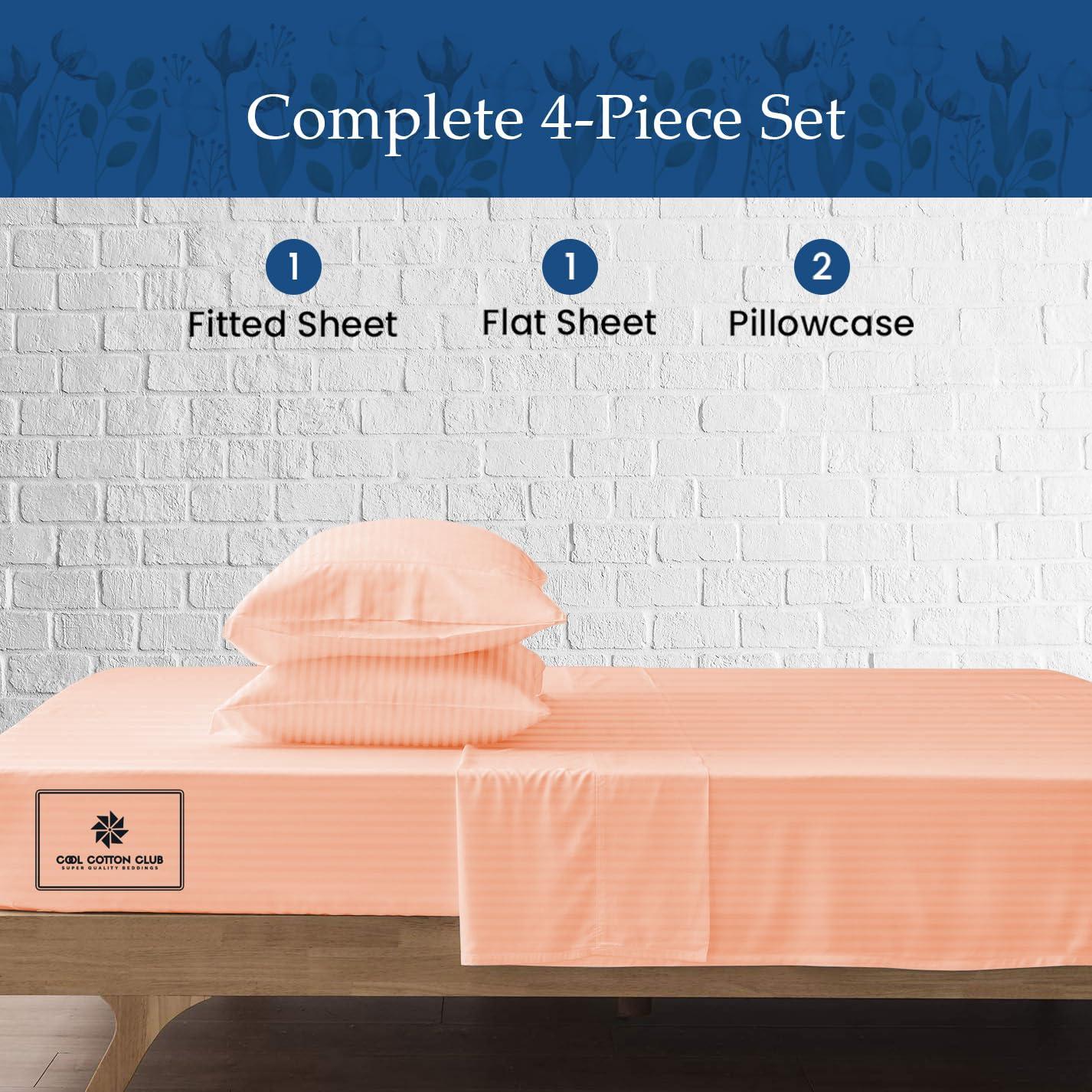 Cool Cotton Club Peruvian Pima Cotton Sheets, King Sheet Set Real 400 Thread Count Luxury 4 PC Bedding Set, Hotel Quality Sateen Weave, fits up to 18-21\" Elasticized Deep Pocket (Stripe, Peach)