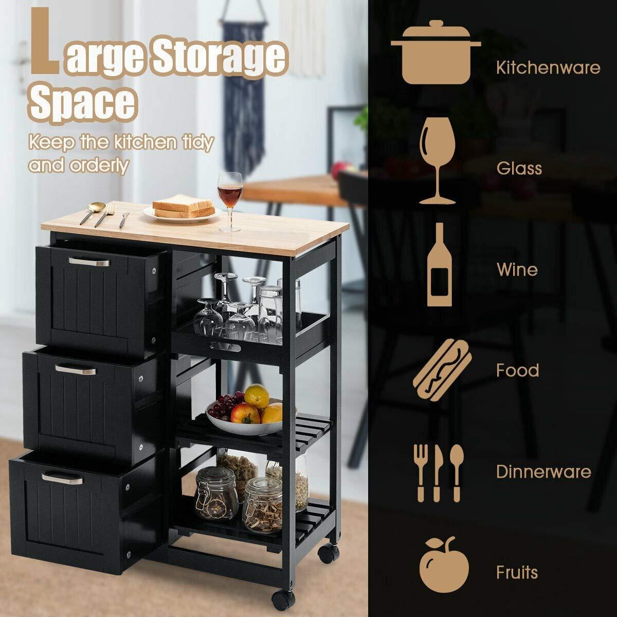 LHONE LHONE Rolling Kitchen Island Cart 3-Tier Industrial Wood Trolley Serving Cart Storage Cabinet Utility Cart on Wheels & Three Storage Drawers (Black)