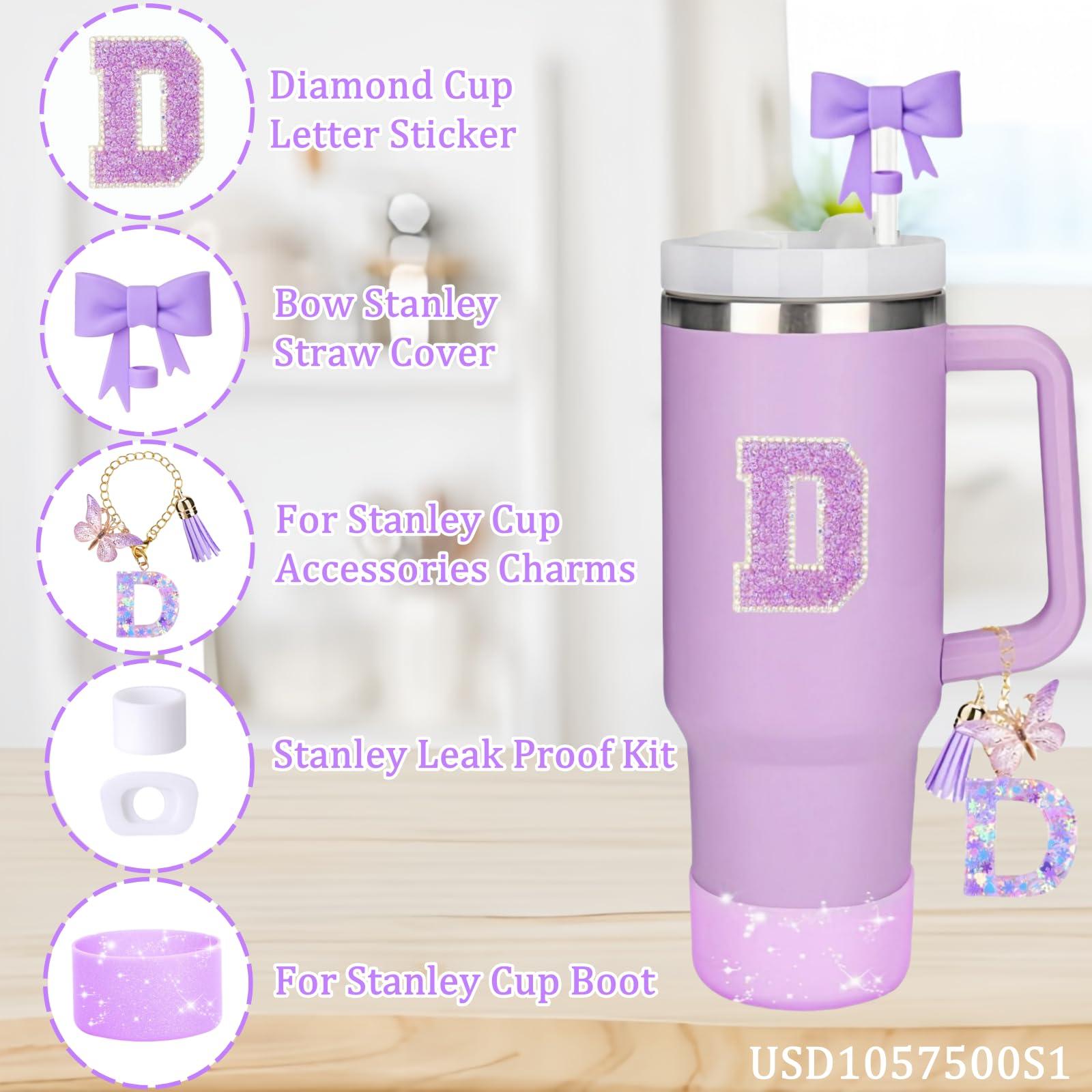 MOTEERLLU MOTEERLLU 6pcs Stanley Cup Accessories Set,Bow Straw Cover for Stanley Cup 30oz 40oz, Including Straw Topper,Spill Proof Stopper,Sparkly Silicone Boot Set,Handle Charm,Initials Sticker (D)