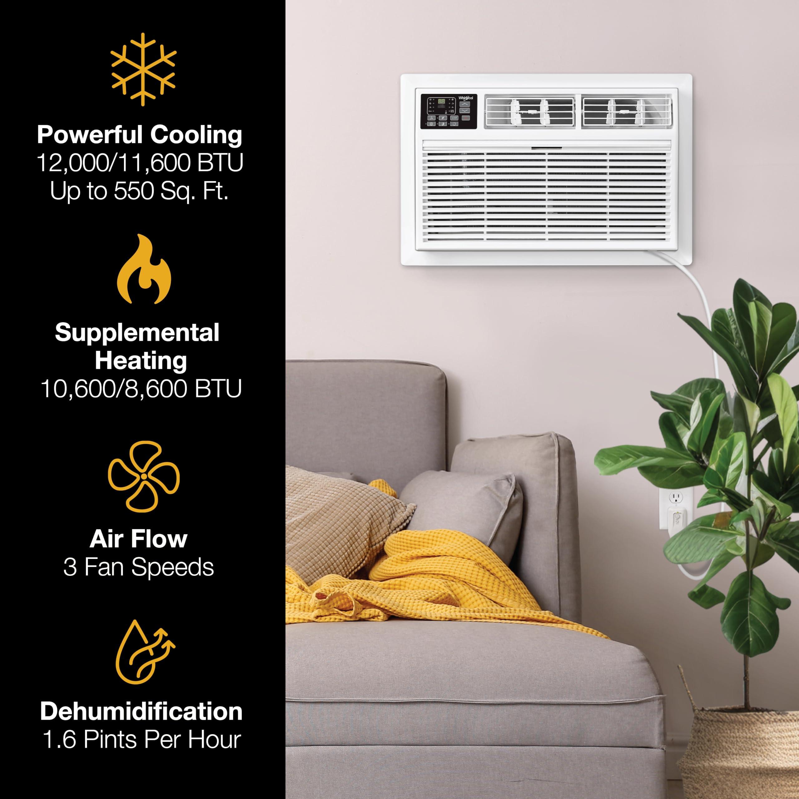 Whirlpool Whirlpool WHAT122-HAW 12,000 230V Air Conditioner with Supplemental Heat, Dehumidifier and Remote, Wall AC Unit for Apartment, Living Medium Rooms up to 550 Square Feet in White, 12000 BTU