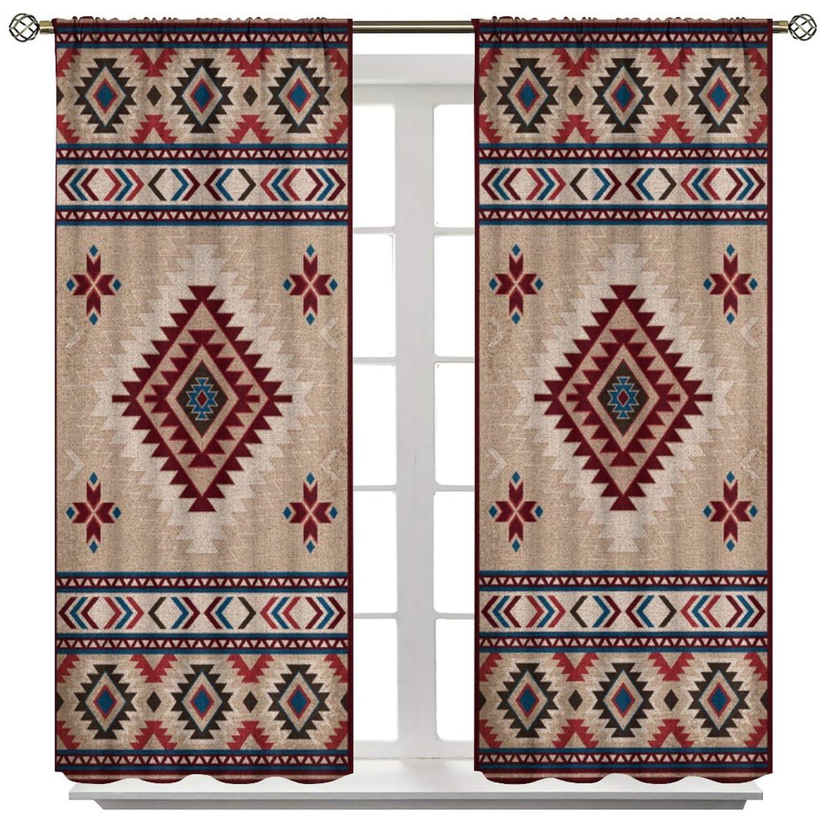 HLLYY Aztec Curtains Red Ethnic Southwestern Geometric Pattern Farmhouse Tribal Boho Blackout Drapes for Bedroom Living Room Kitchen Bathroom W42xL84 Inch x2 Panels