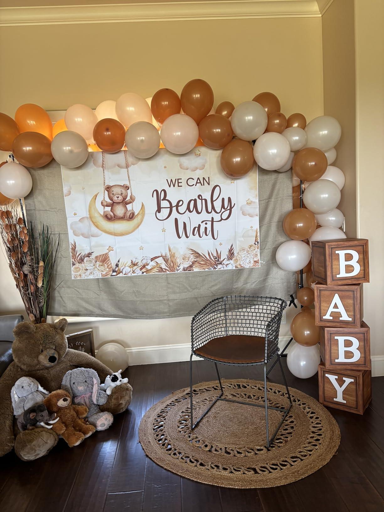 DataMoon DataMoon Teddy Bear Baby Shower Party Decorations - Wood Grain Boxes with Baby Letters, 90PCS Nude and Brown Balloons, Boho Backdrop We Can Bearly Wait for Baby Shower, Gender Reveal,Birthday Party