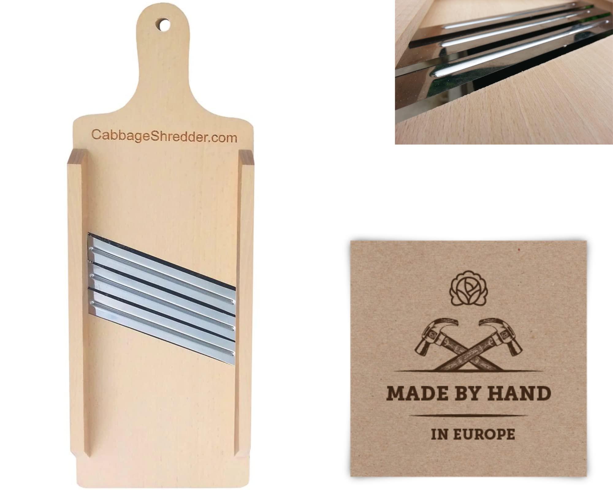 CabbageShredder.com Cabbage Shredder & Vegetable Slicer for Food Preparation, Sauerkraut, Coleslaw, Salads. Compact Size. Solid Wood. Thin Slices. Three Blades!