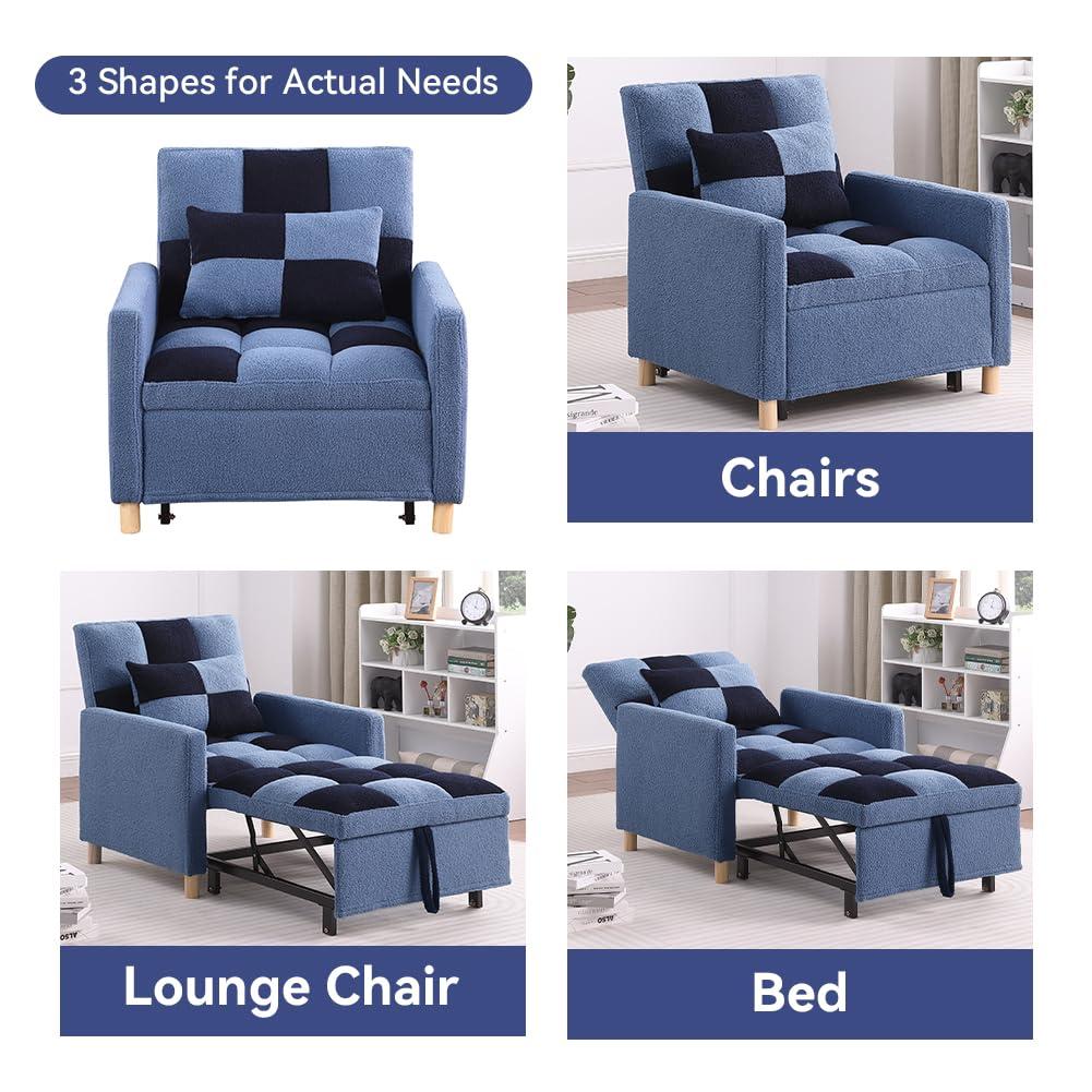 SmarvoHouse Sleeper Chair Bed - Convertible Single Sofa Chair Bed with Pillow,Pull Out Sleeper Bed with Adjustable Backrest,Multi-Functional Lounge Chair with Teddy Fabric for Apartment,Living Room (Blue)