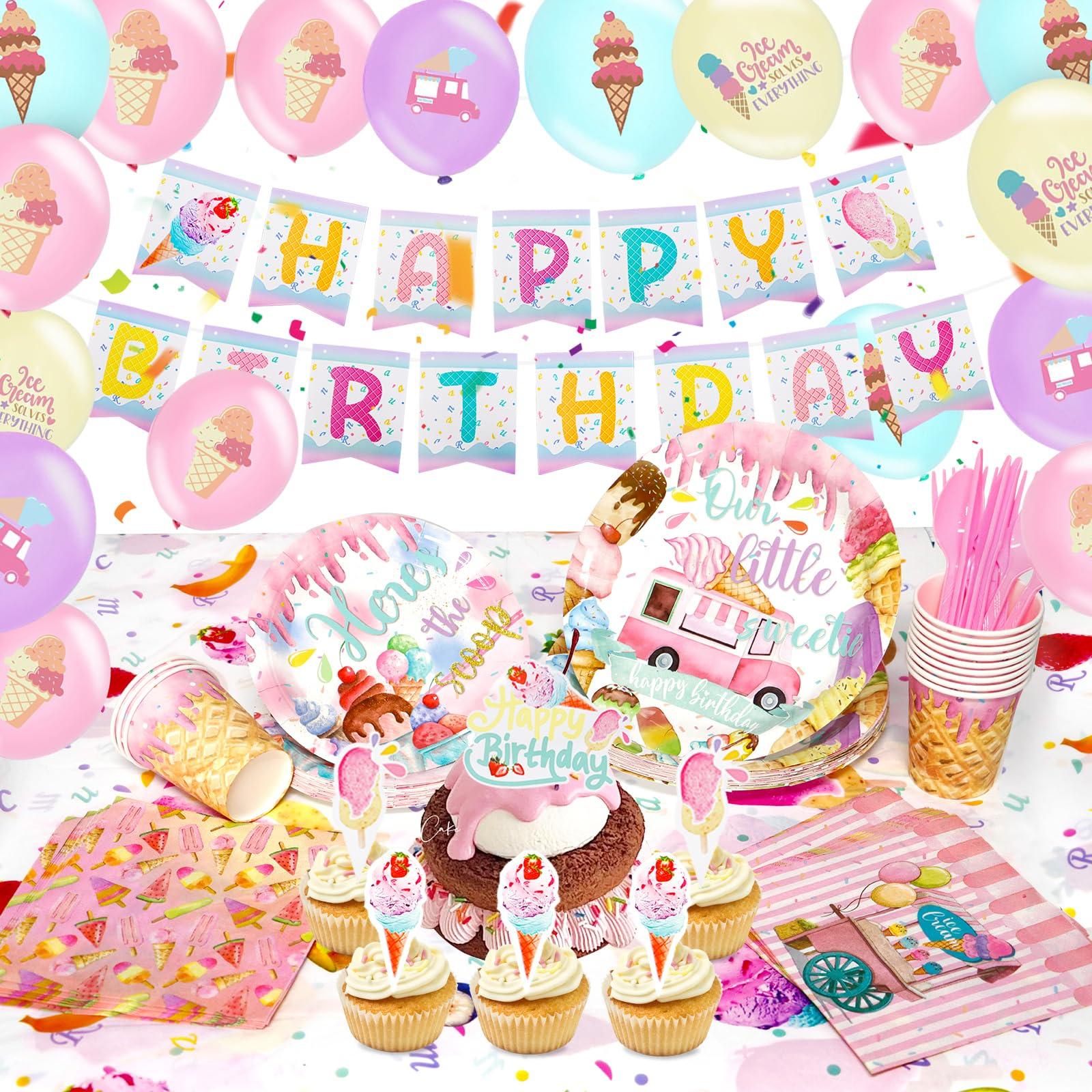 Qonmpcvu Qonmpcvu 183 PCS Ice Cream Party Decorations, Ice Cream Birthday Party Supplies, Ice Cream Party Supplies Set, Ice Cream Backdrop Tablecloth With Vibrant Paper Plates, Napkins, Cups Serve 20 Guests