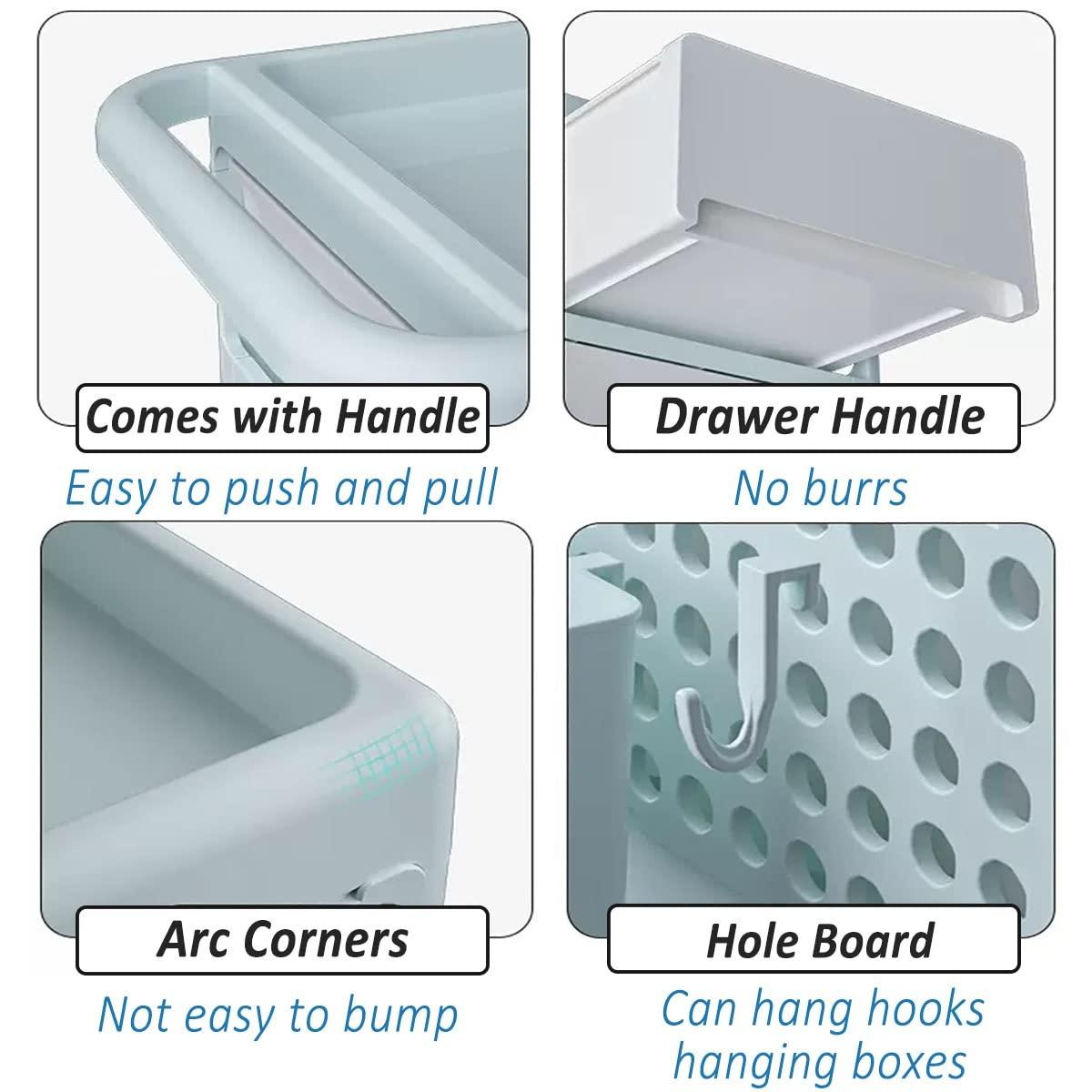 HNXMJ 2-Tier Bathroom Storage Trolley with Handle, Compact Rolling Cart Organizer for Groceries, Bathroom Cart with Hanging Cups, Bedroom Storage Cart On Wheels, Storage Rolling Cart Space Saver