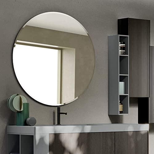 Fab Glass and Mirror Fab Glass and Mirror Frameless Round Safety Backing 1" Beveled Edge Mounted with Hooks-Wall Mirror for Bedroom, 30" x 30", White