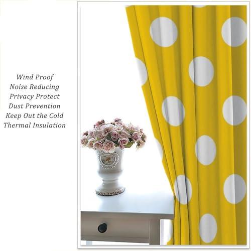 JADERYS JADERYS Dots Curtains Modern Simple Abstract White Polka Dot Yellow Kids Girls Women Bedroom Living Room Blackout Rod Pocket Decoration Window Drapes 2 Panels W27.5xL63in