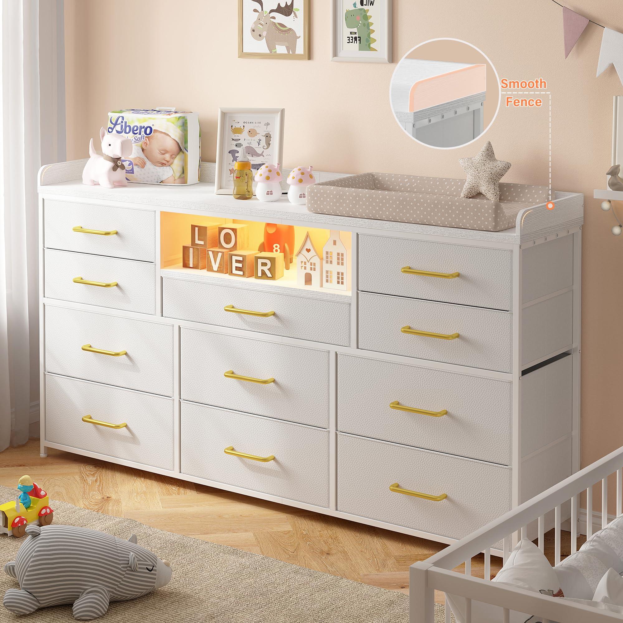 EnHomee EnHomee Dresser TV Stand with 11 Drawers for 60\" TV Stand for Bedroom with LED Lights & Power Outlets Long Dresser for Bedroom with Shelves & 4 Hooks Sturdy Metal Frame & Wood Top, White