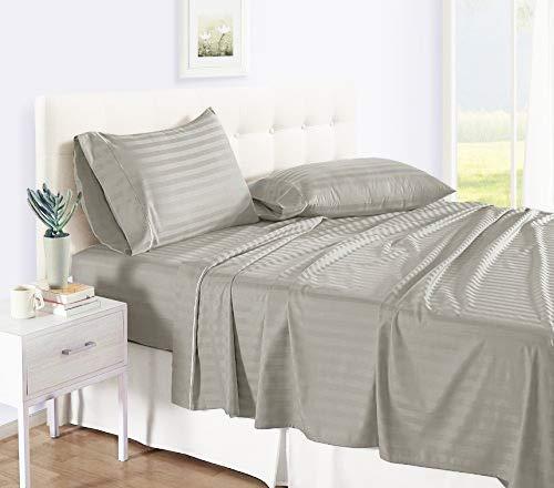 Ready To Rest 4 Piece Full XL Sheet Set, Full Extra Long Size Light Grey Stripe, 100% Egyptian Cotton, 600-Thread-Count Cooling Bed Sheets, 6 Inch Deep Pocket of Fitted Sheet, Full Long Bed Sheets for Dorm Bedding
