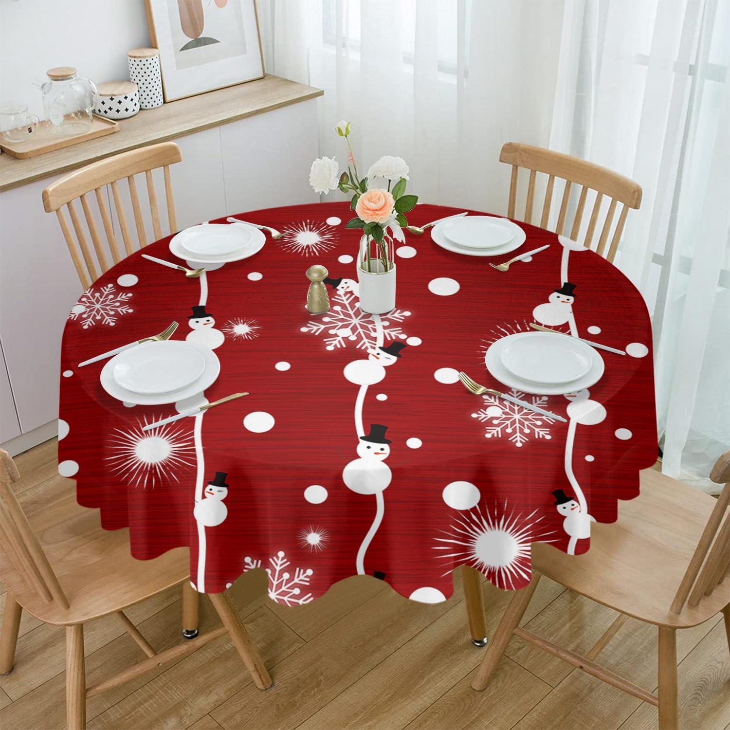 ZOE GARDEN ZOE GARDEN Red Christmas Round Tablecloth Waterproof & Stainproof Tablecloths, Wipeable Table Cloth Wrinkle-Free for Dining/Party/Wedding Farmhouse Snowman Snowflake Wood 54\" Dia