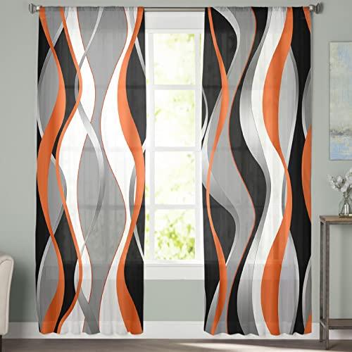 PIEPLE Orange Black Grey Sheer Curtains 108 Inch Length 2 Panels Set for Living Room/Bedroom, Modern White Moire Geometric Abstract Art Curtain Sheers Drapes Rod Pocket Curtains Window Treatment Set 52x108x2