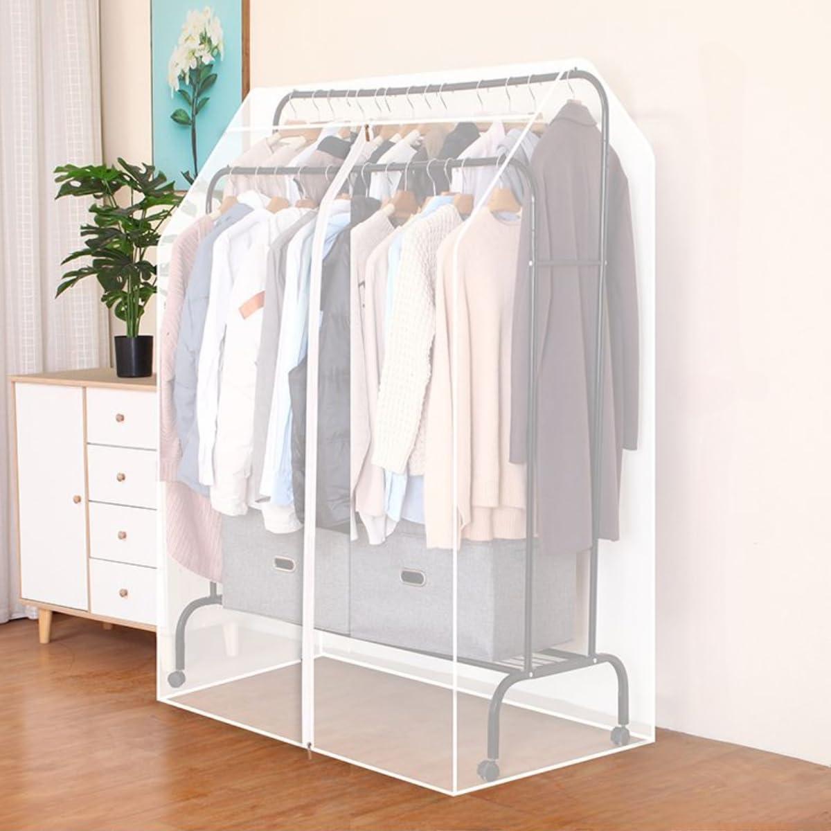 Haklein Double Hanging Rods Clothes Rail Widen Dust Cover, 75cm/29.5inch Extra Wide Garment Rack Cover with Zipper for Bedroom Shop Office, 5ft Hanging Clothes Rack Protector Cover (80X150X75cm,Transparent)