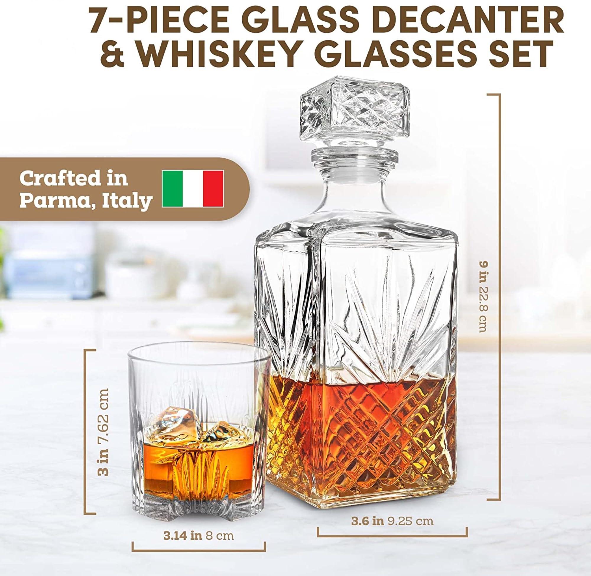 Bormioli Rocco Bormioli Rocco Selecta Collection Whiskey Gift Set – Sophisticated Etched 33.75oz Decanter & 6 9.5oz Glass Tumblers With Starburst Detailing – For Whiskey, Bourbon, Scotch & Liquor