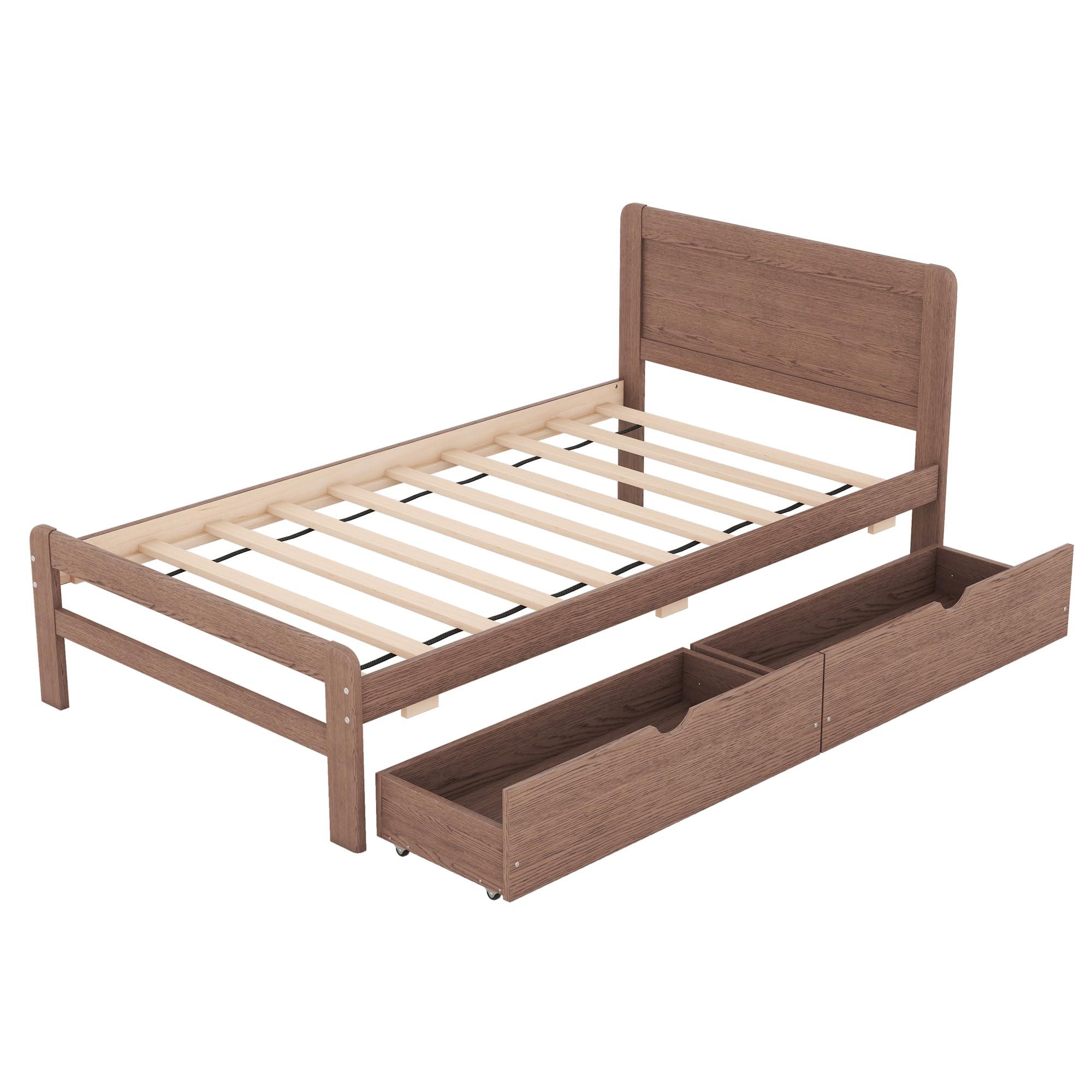HomeLoft Basics Modern Design Twin Size Platform Bed Frame with 2 Drawers for Walnut Color