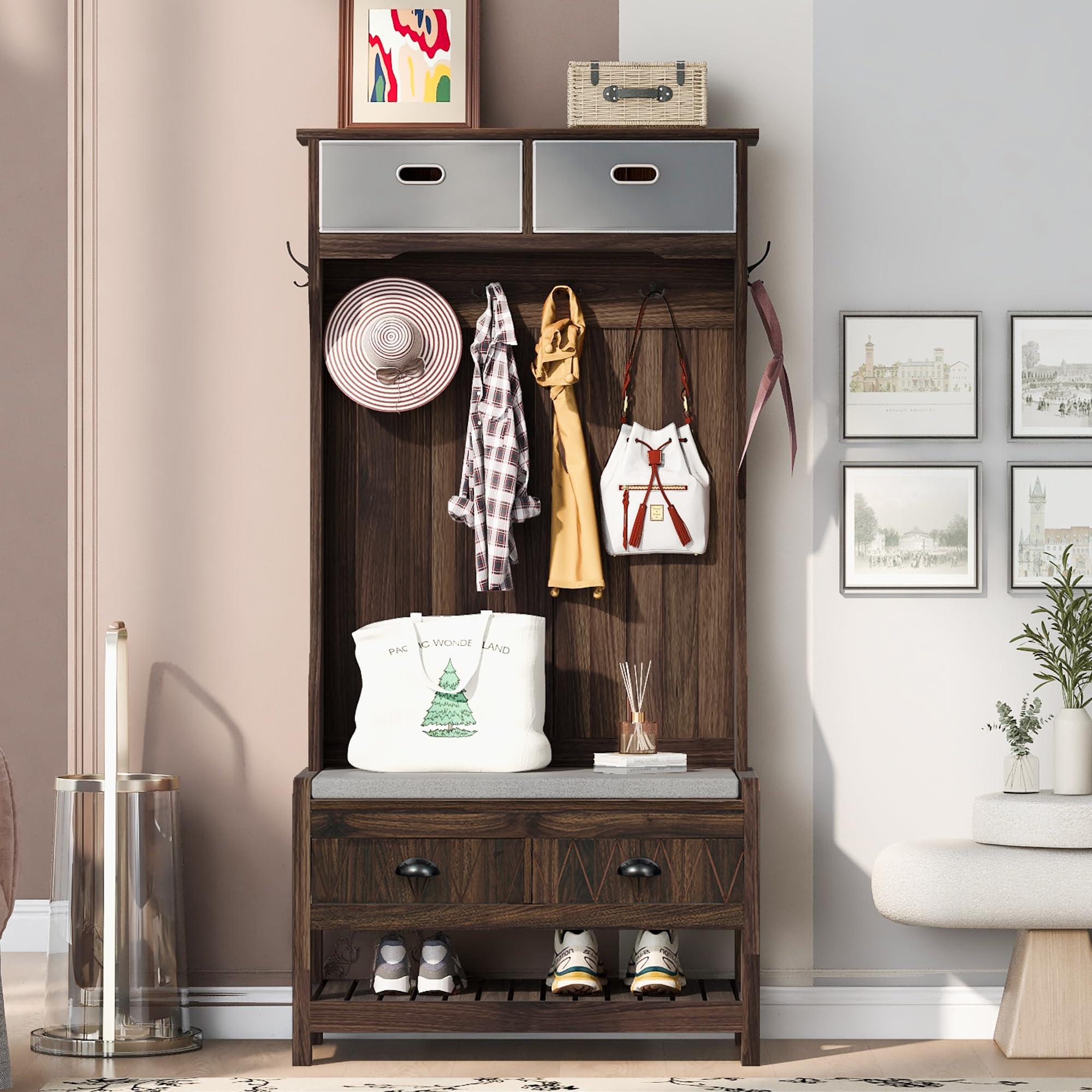Royard Oaktree Royard Oaktree Hall Tree with Drawers and Removable Storage Boxes, Multifunctional Entryway Bench with Cushion and Shoe Rack, 3-in-1 Coat Hanger with 4 Hooks Wood Coat Tree for Hallway Mudroom, Brown