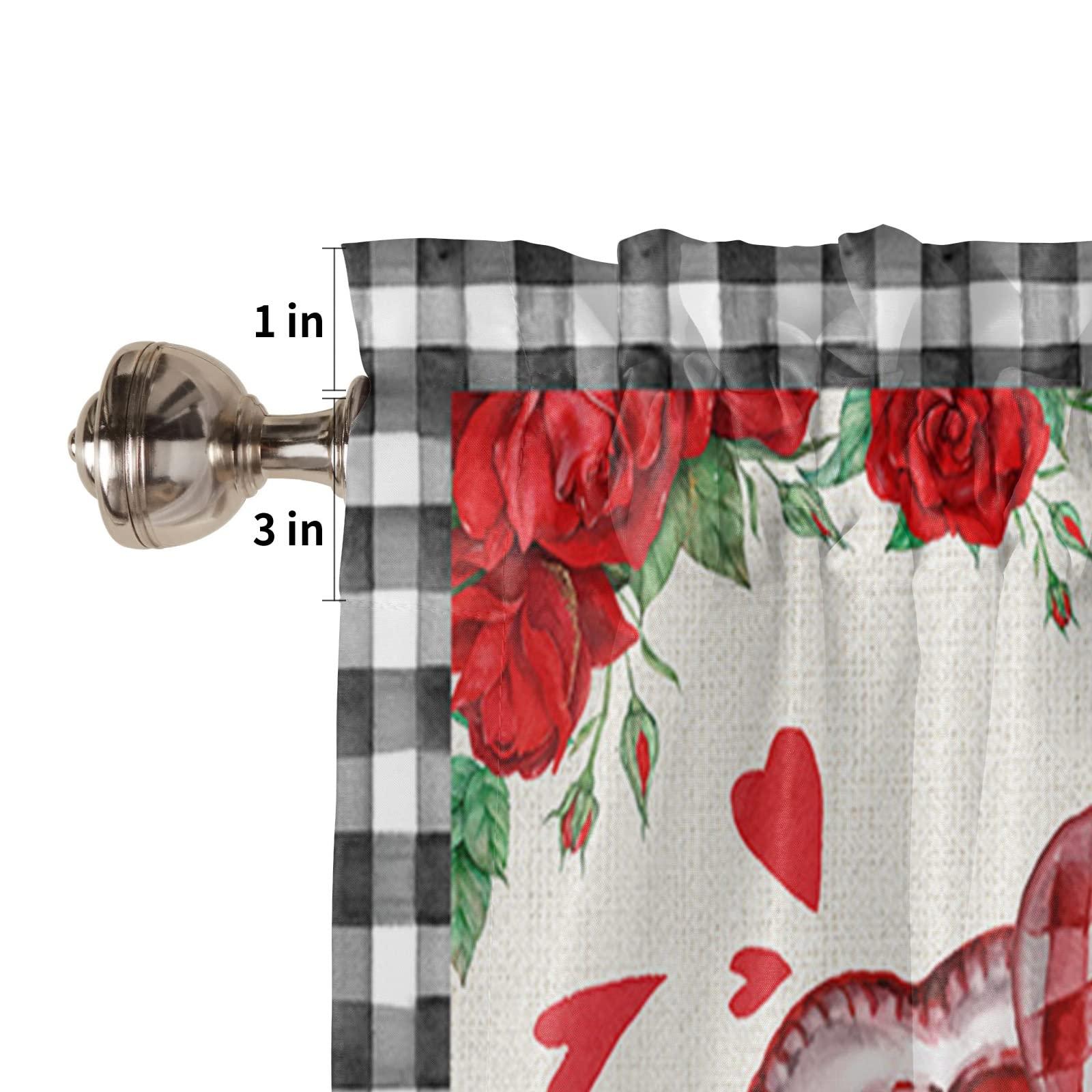 Shine-Home Valentine\'s Day 3 Piece Kitchen Window Curtains Panel Rod Pocket Large Half Tiers and Valance Curtain Drape Set Decor for Kitchen/Bedroom/Bathroom Red Truck Spring Saint Rose Love Black Plaid Check