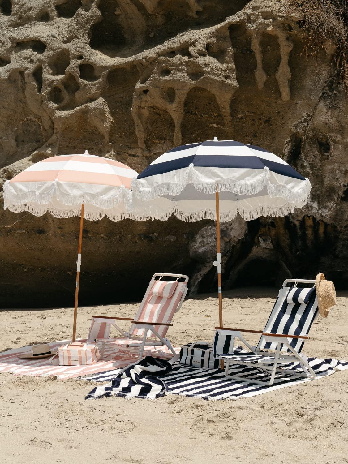 Business & Pleasure Co. Business & Pleasure Co. Holiday Beach Blanket - Perfect for The Beach & Picnics - Oversized Beach Towel with Fringe - Soft 500 GSM Cotton - Navy Capri Stripe