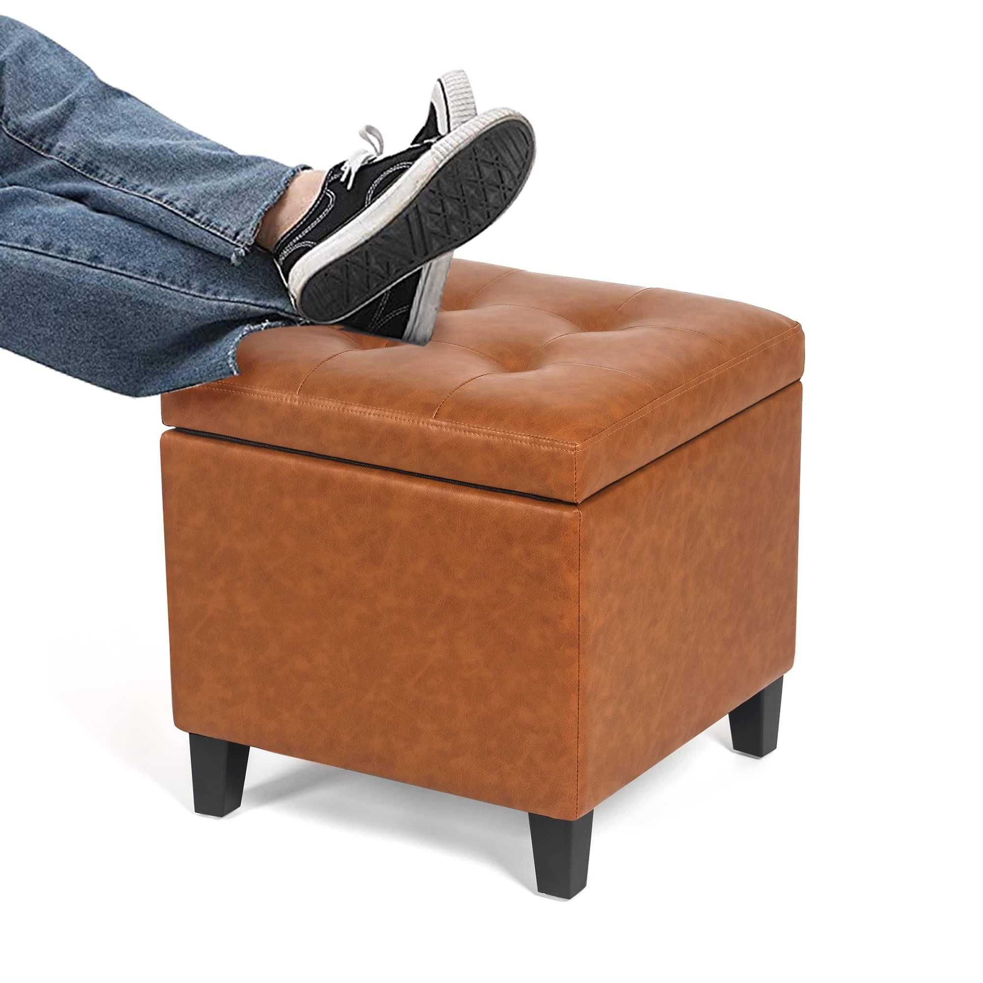 Adeco Adeco 17.7" Leather Cube Storage Orange Ottomans for Living Room