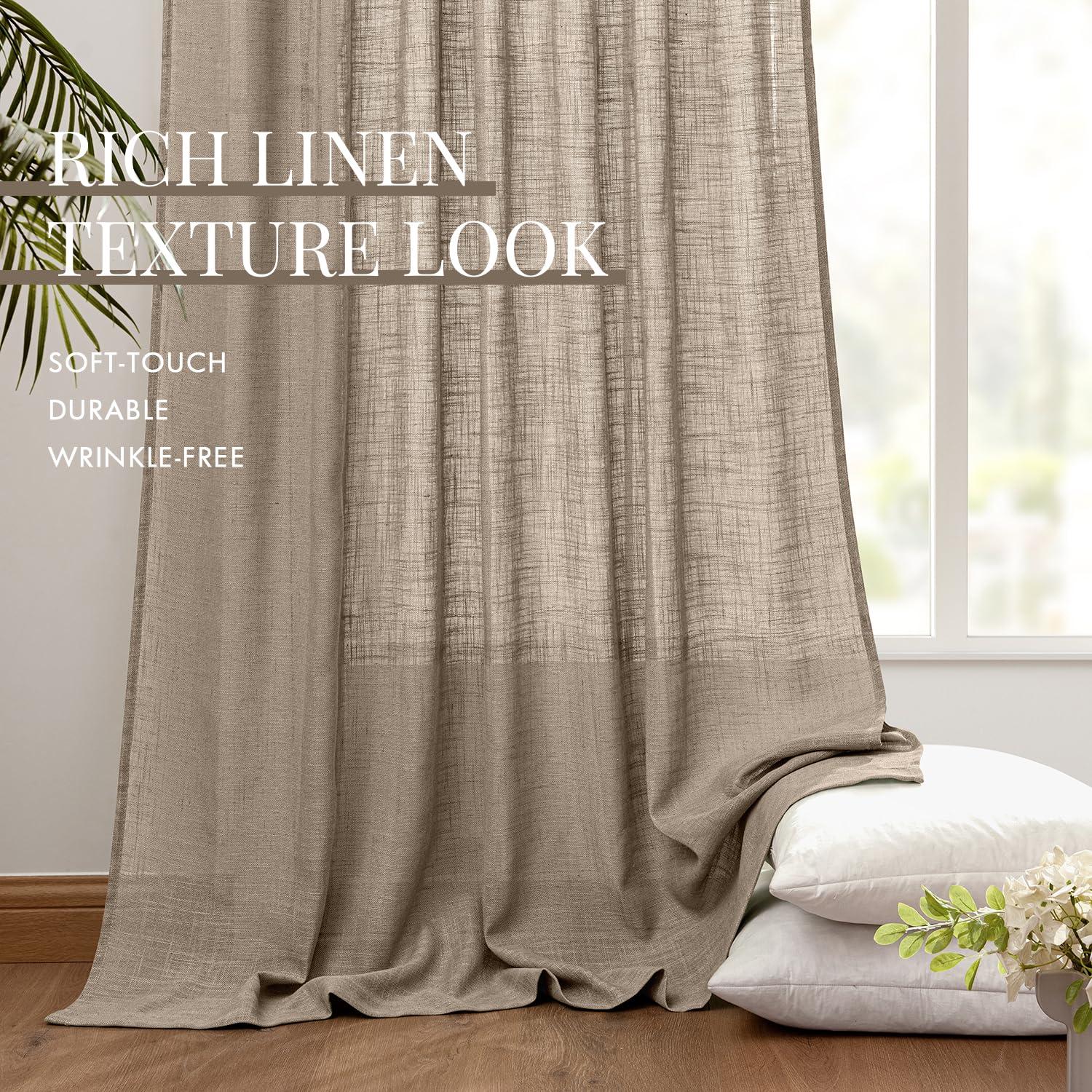MIULEE MIULEE Taupe Linen Curtains 90 Inch Length 2 Panels for Bedroom Living Room, Back Tab & Hook Belt Pleated Soft Thick Linen Textured Window Drapes Semi Sheer Light Filtering Farmhouse Burlap Look Decor